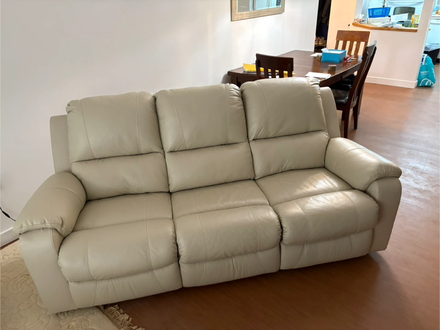 3-Seater Beige Leather Reclining Sofa