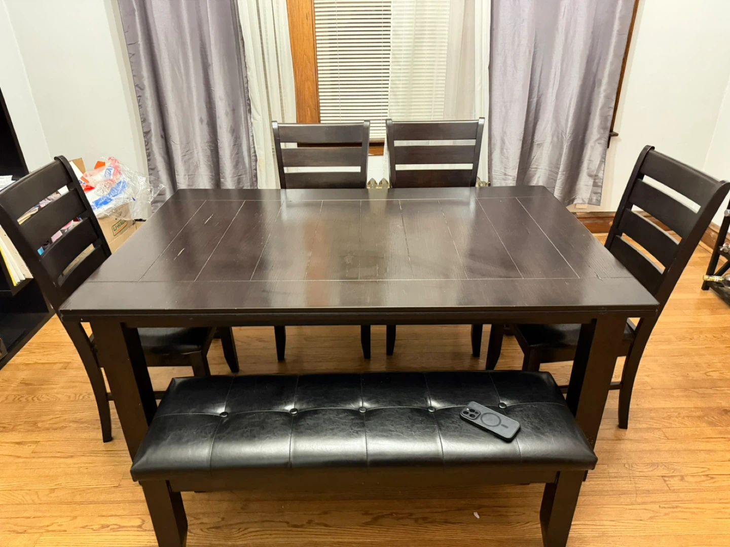Dark Wood Dining Table with 4 Chairs and Bench