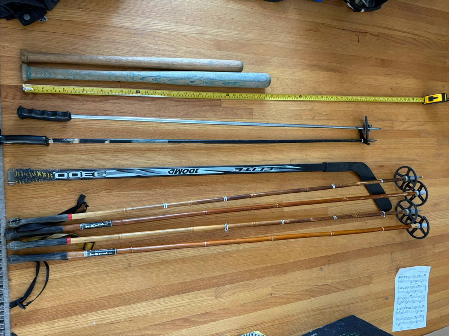 Ski pole, baseball bat, hockey stick