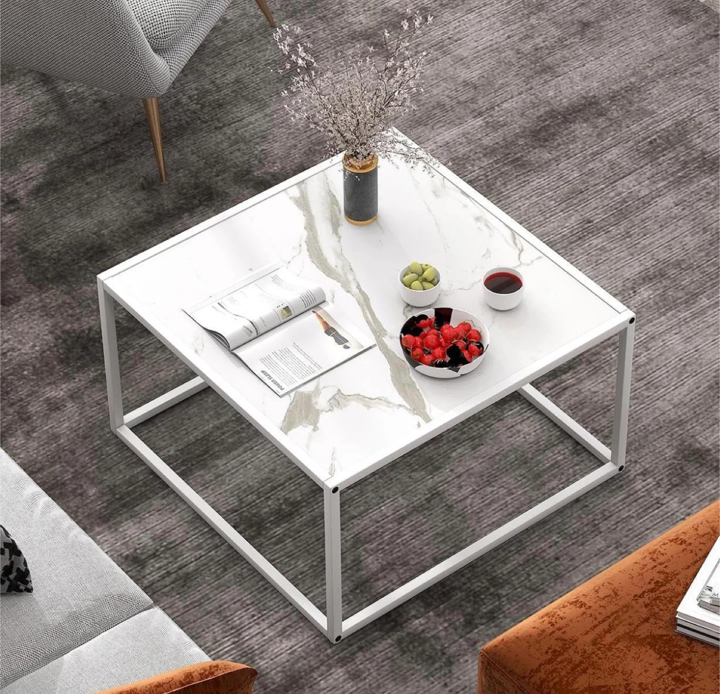 Square Coffee Table with White Marble Top