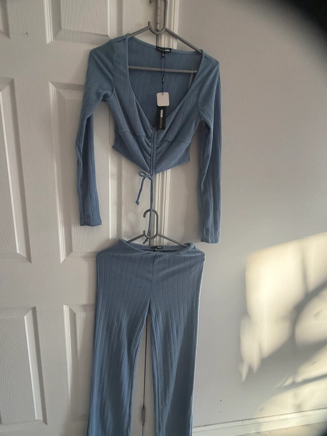 Fashion Nova Blue Ribbed Long Sleeve Crop Top & Pants Set