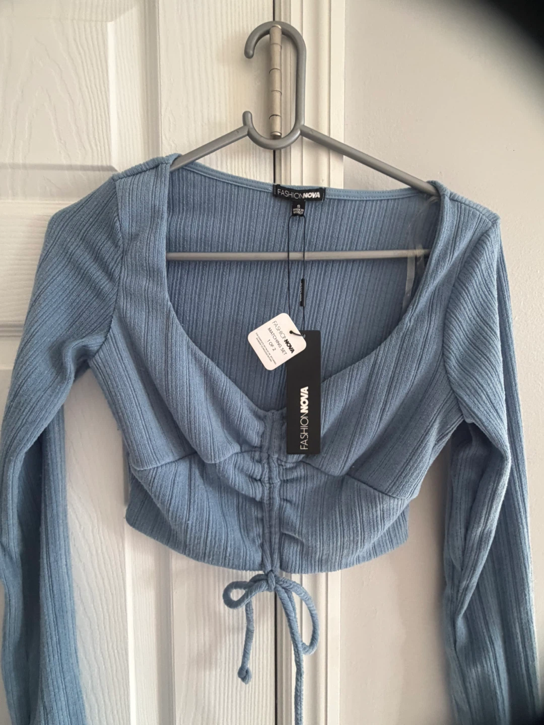 Fashion Nova Blue Ribbed Long Sleeve Crop Top & Pants Set - photo 2
