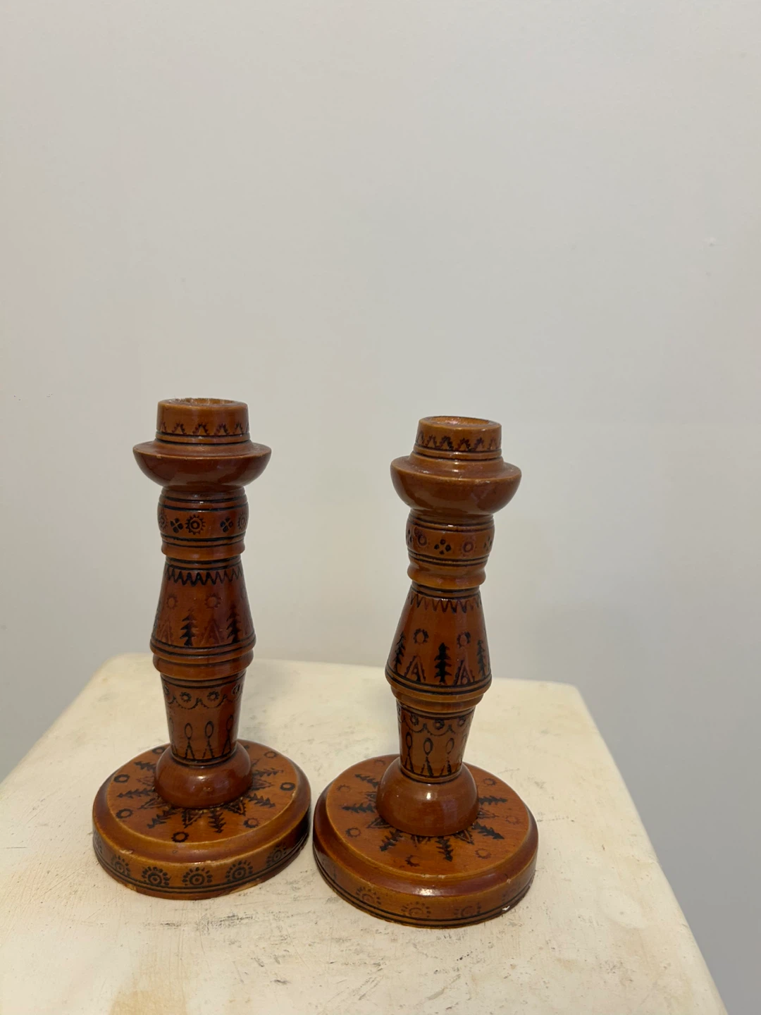 Set of 2 Wooden Candlesticks with Folk Art Design