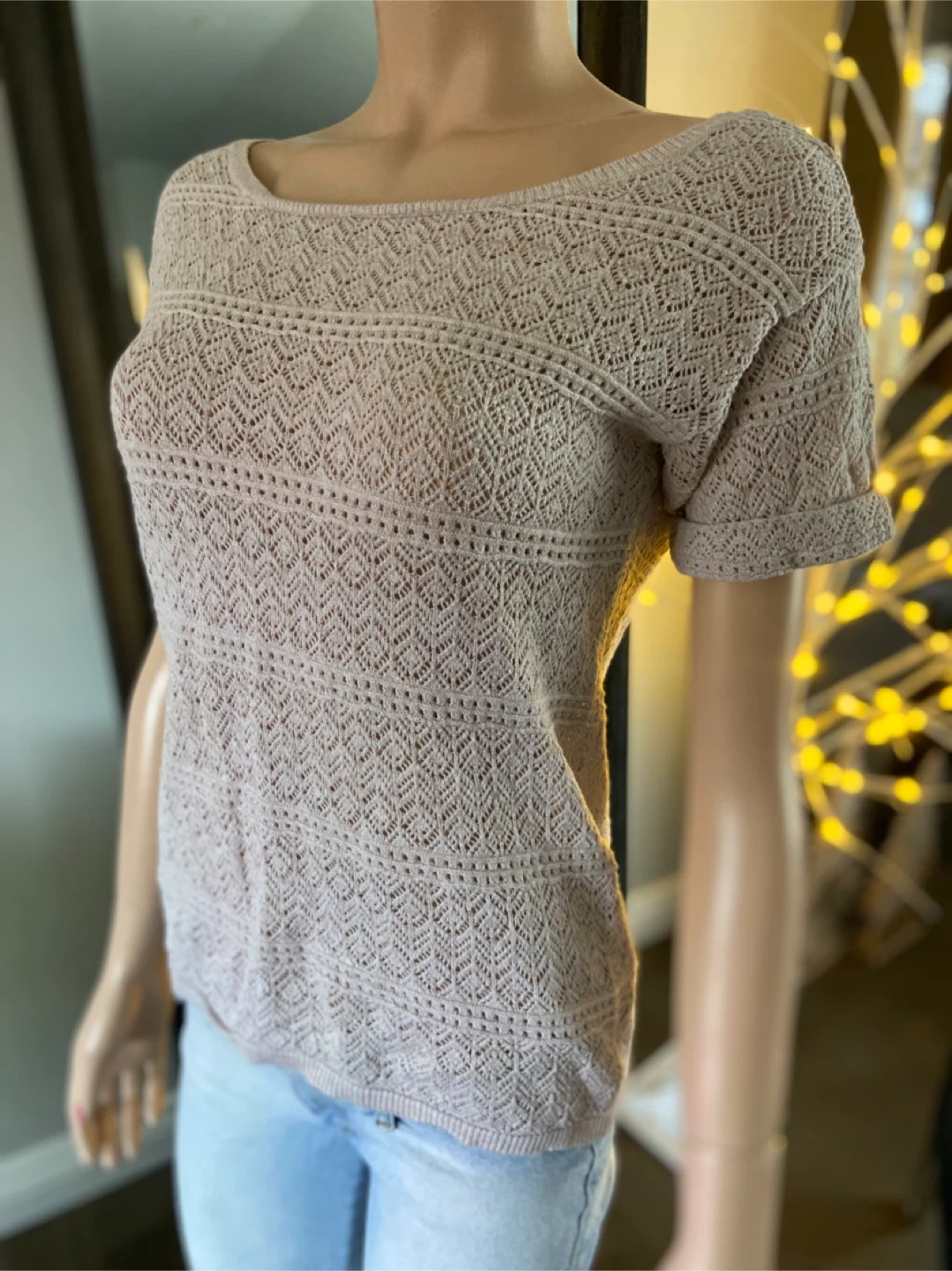 Dynamite Women's Beige Crochet Knit Short Sleeve Top S - photo 4