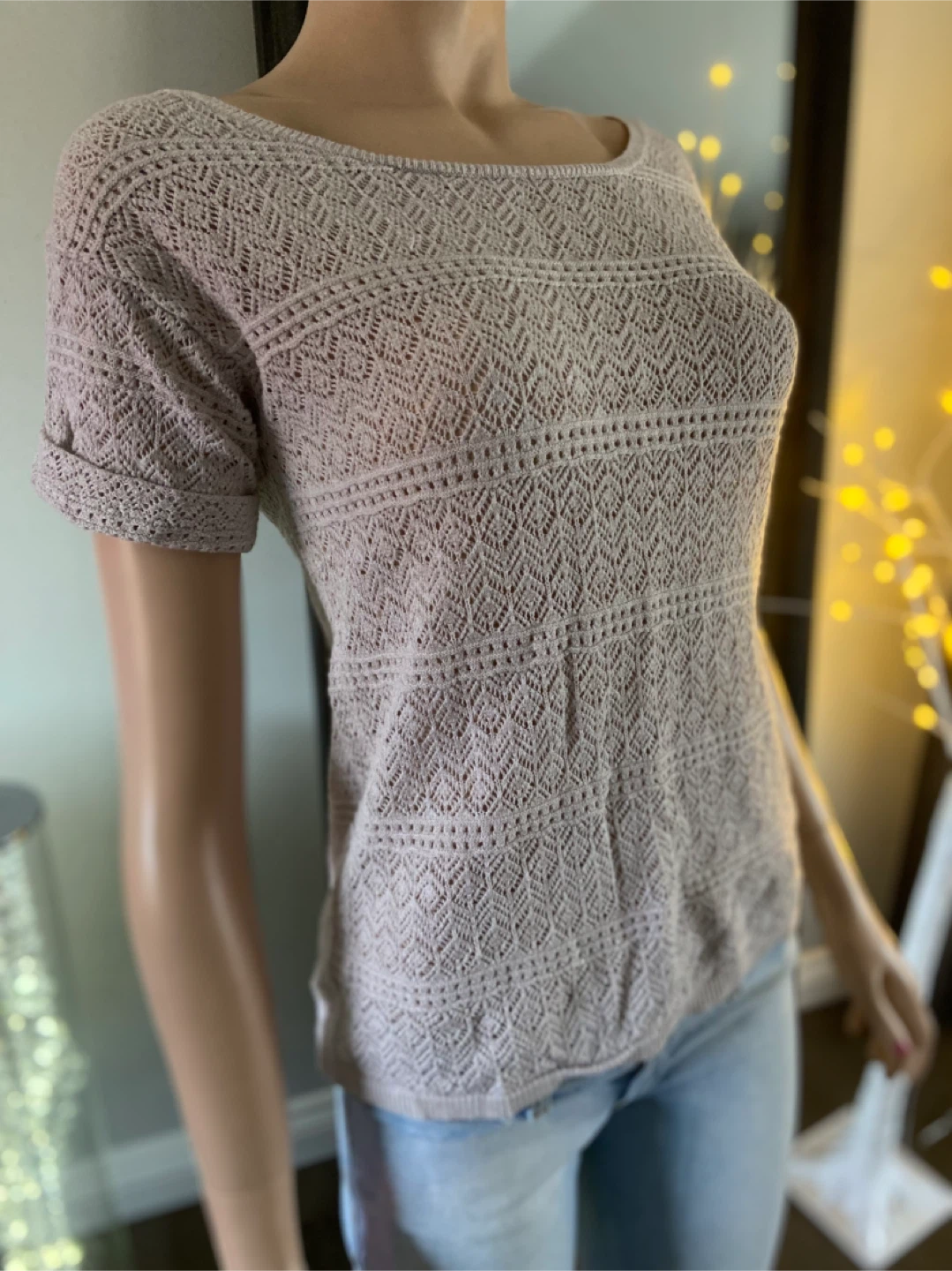 Dynamite Women's Beige Crochet Knit Short Sleeve Top S - photo 2