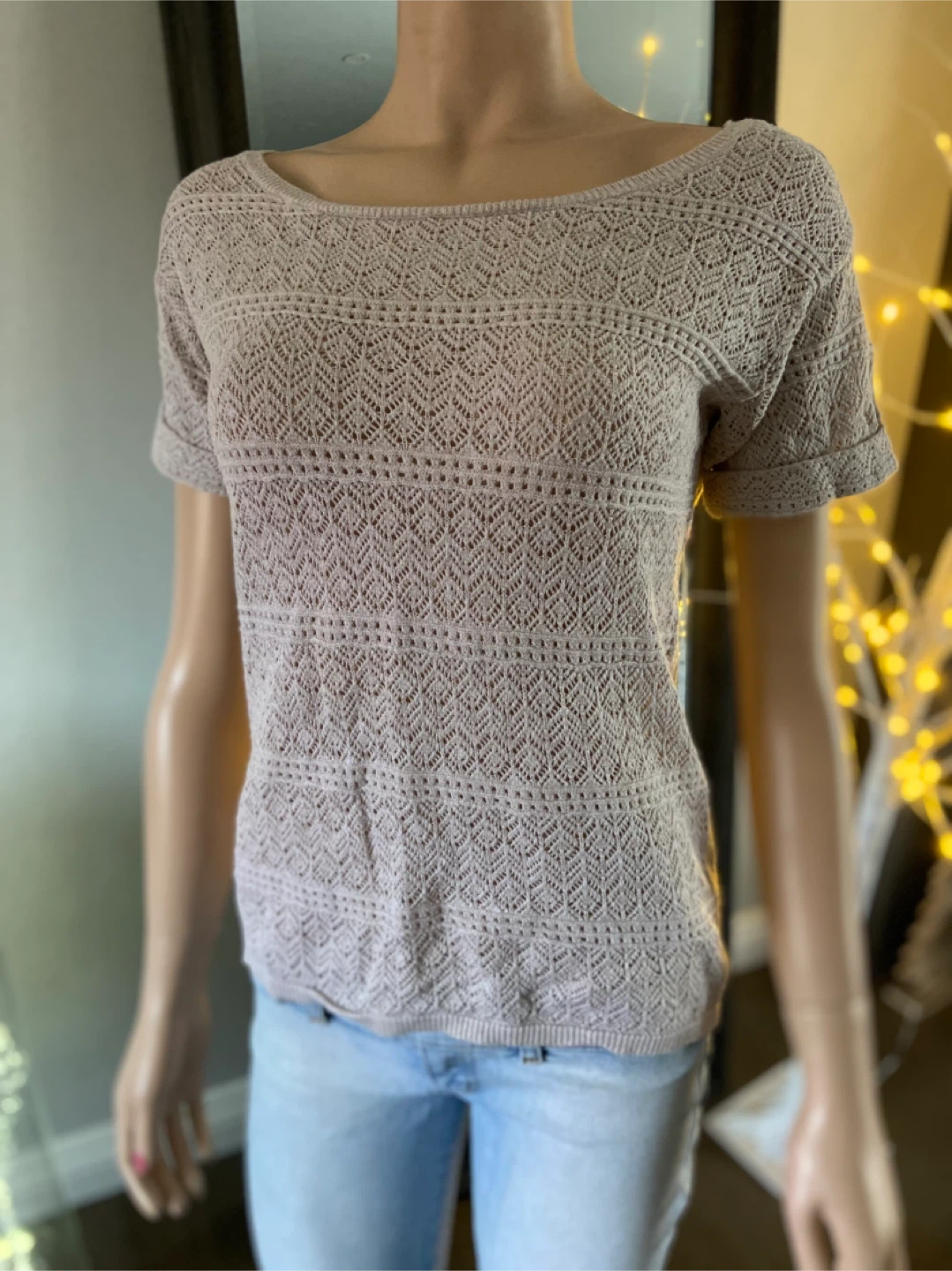 Dynamite Women's Beige Crochet Knit Short Sleeve Top S