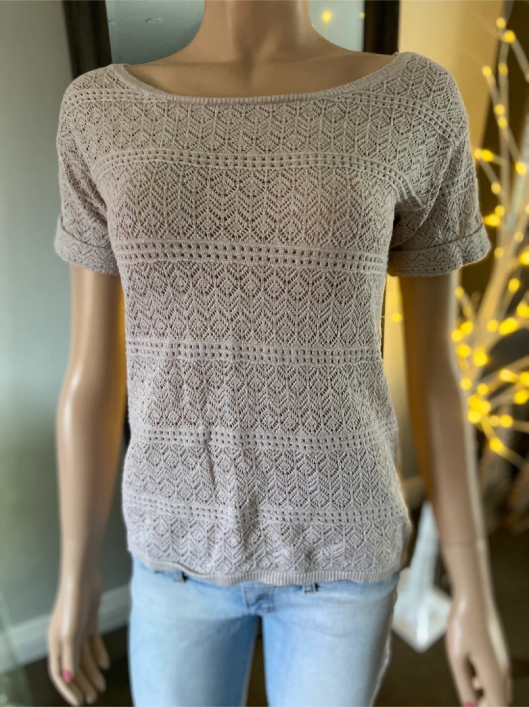 Dynamite Women's Beige Crochet Knit Short Sleeve Top S - photo 3