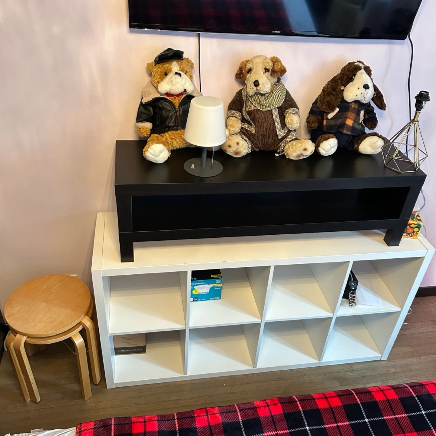 IKEA tv stand, kallax cubic shelf unit and Frosta chairs 2ea