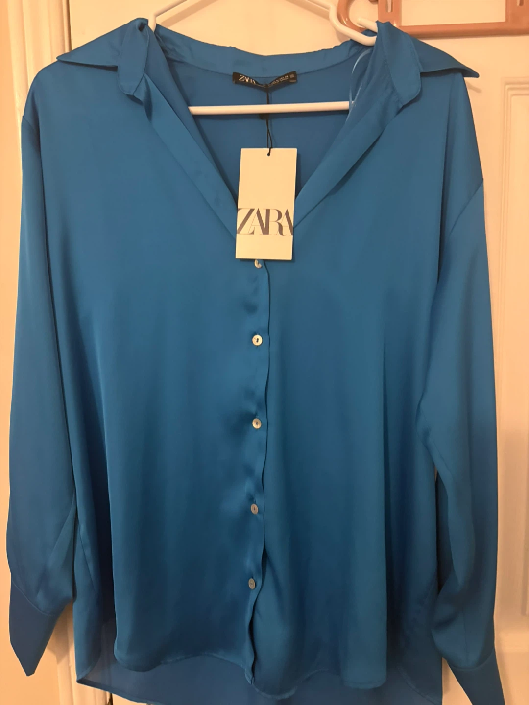 Zara Blue Satin Button-Up Shirt - Size M