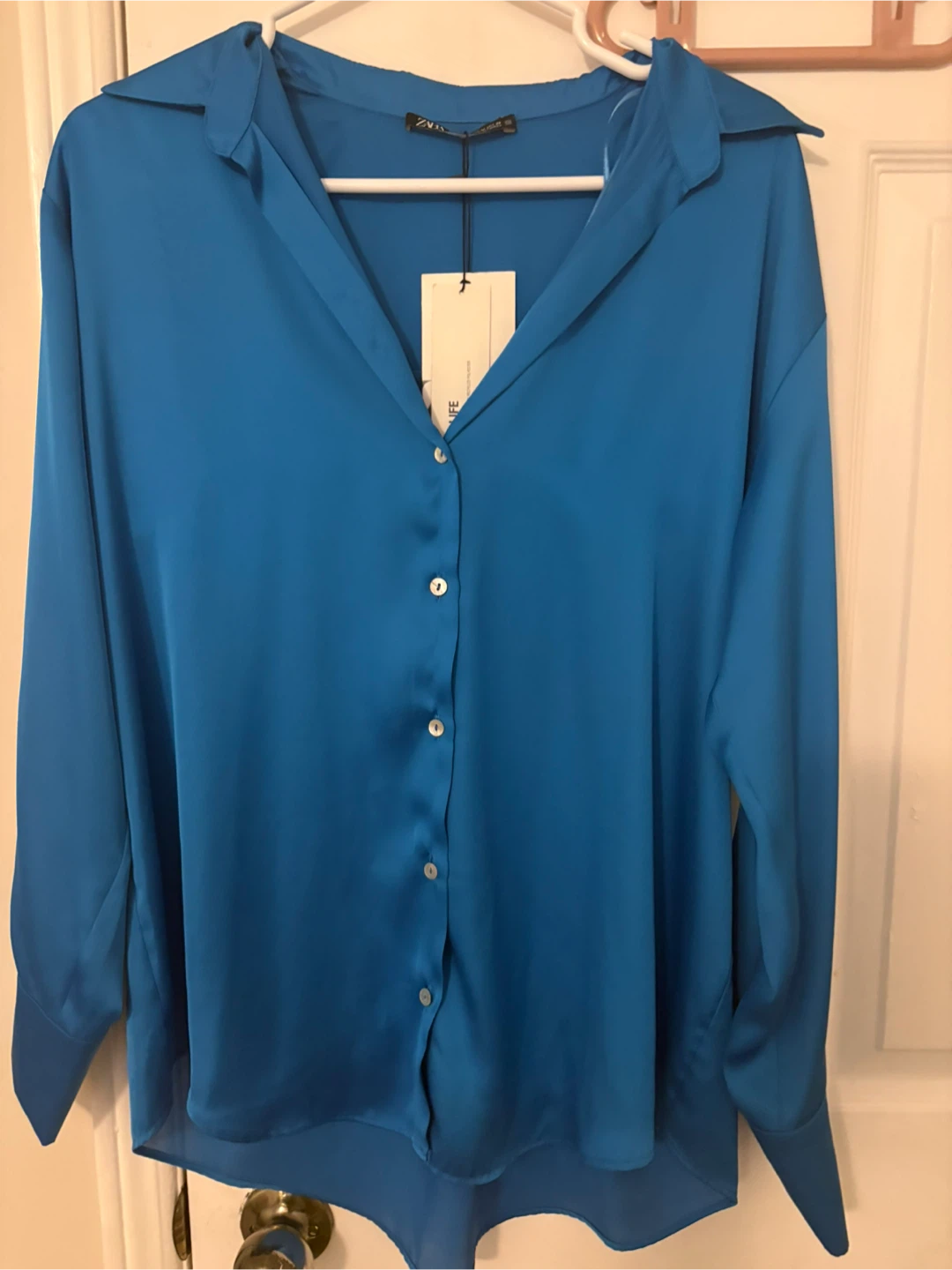 Zara Blue Satin Button-Up Shirt - Size M - photo 3