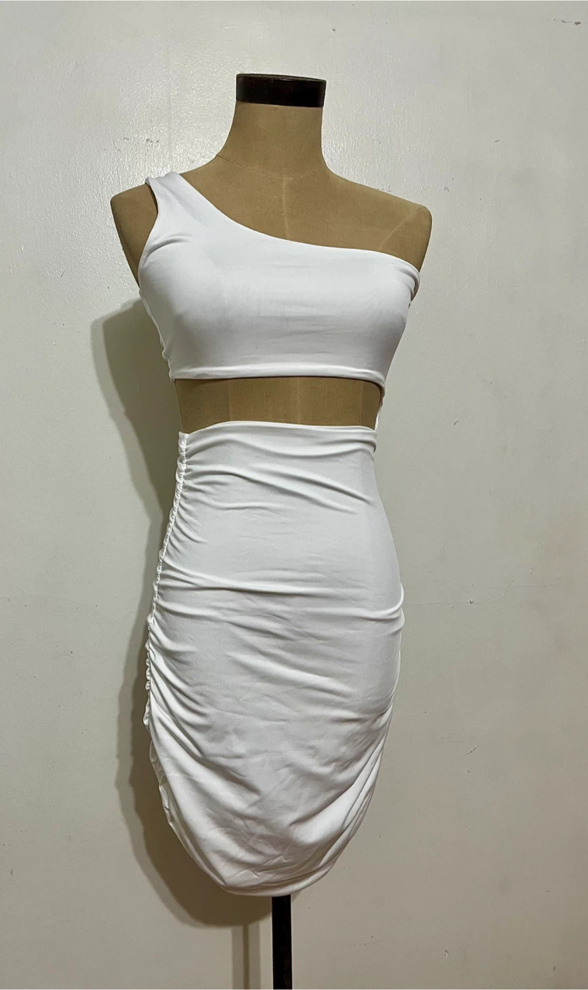 SHEIN White One Shoulder Ruched Cutout Dress - Size S