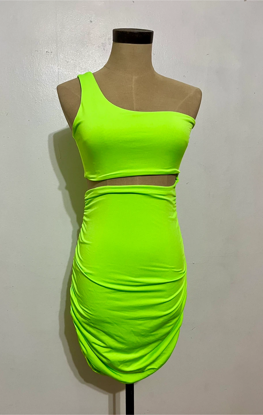 SHEIN Neon Green One Shoulder Ruched Mini Dress - Size S
