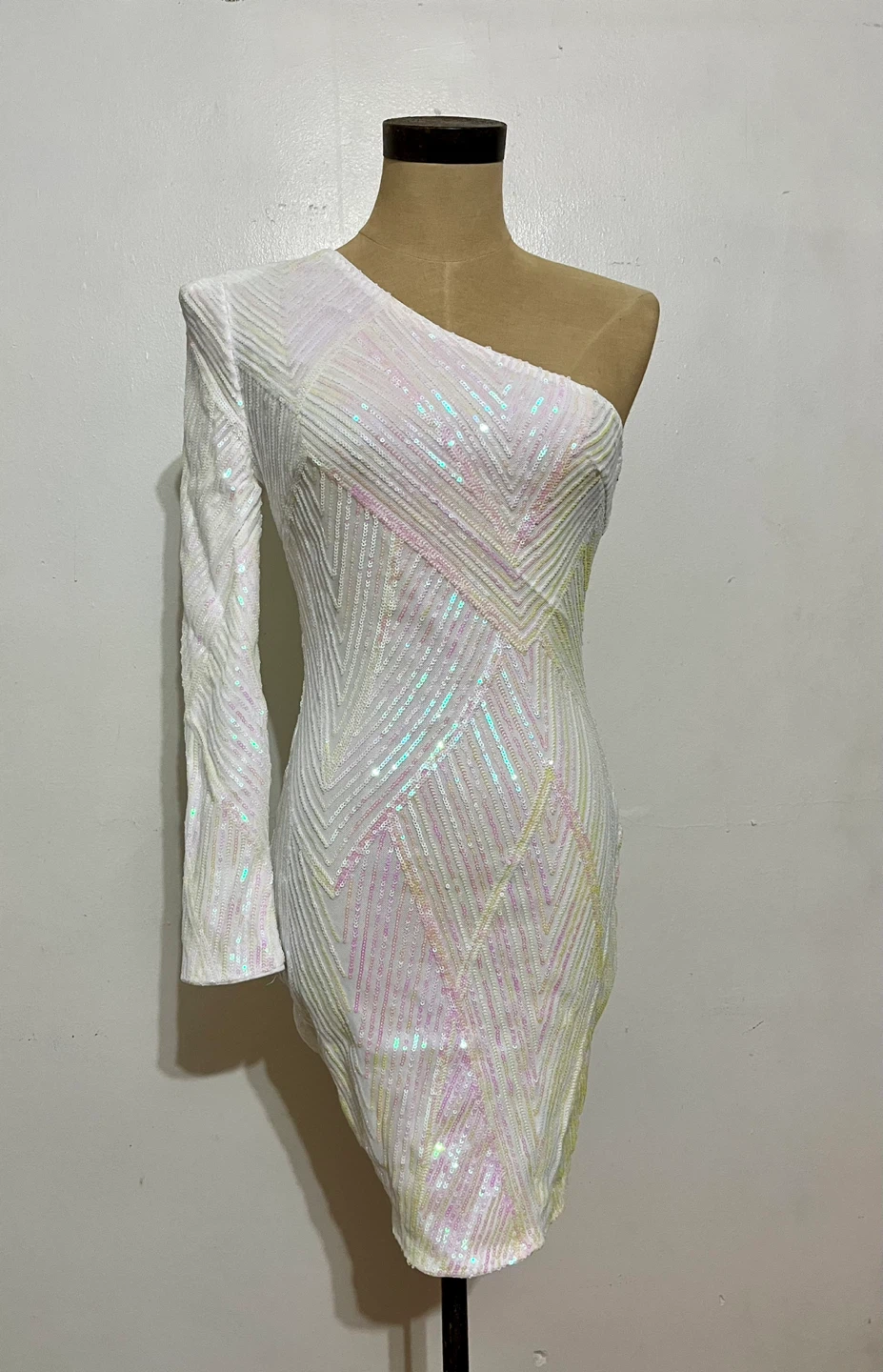 White Sequin One-Shoulder Dress - Size Small