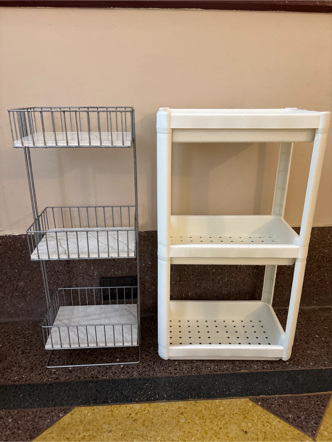 3-Tier Storage Shelves - White Plastic & Wire Basket