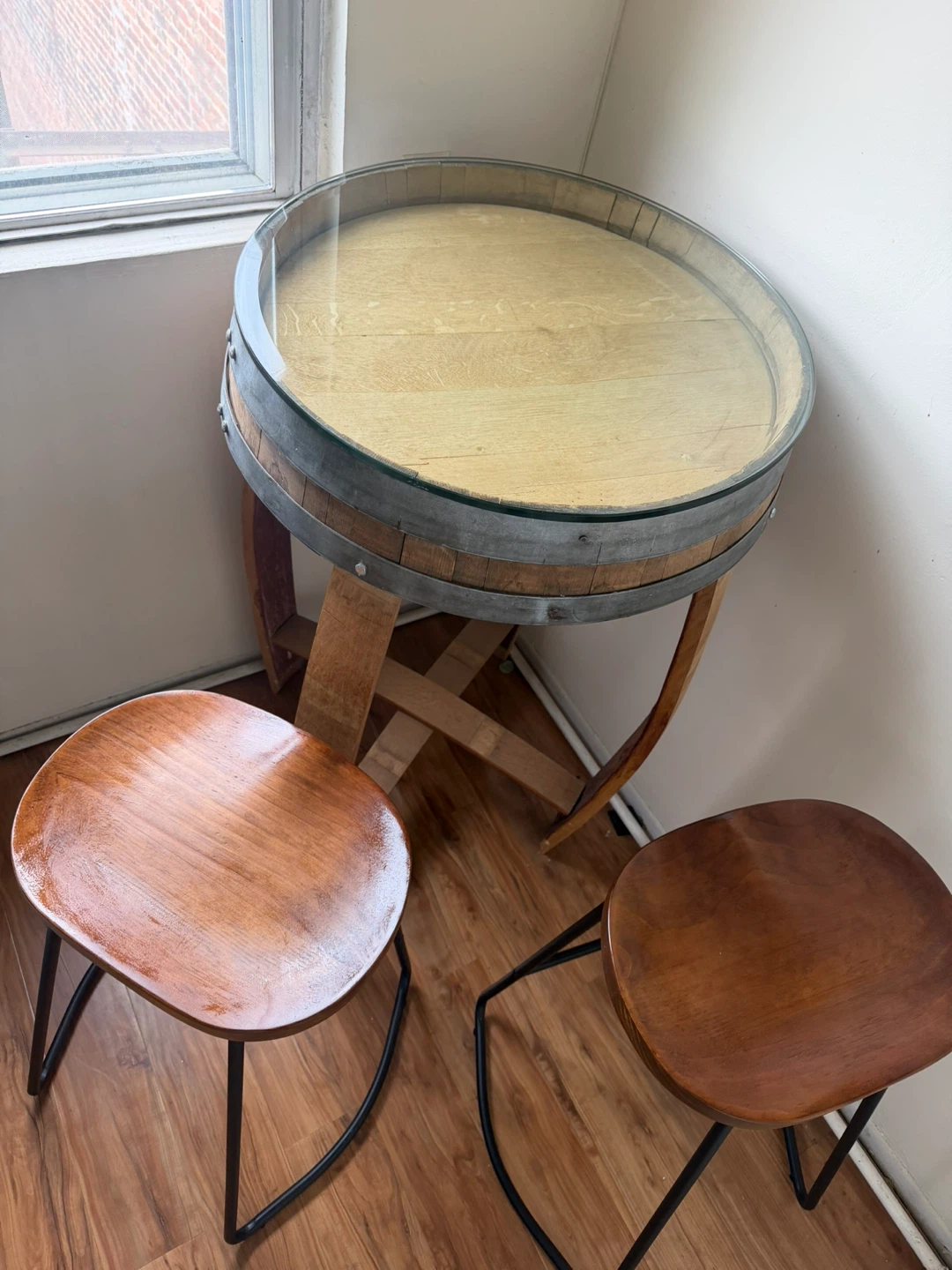 Wine Barrel Coffee Table with Glass Top and stools