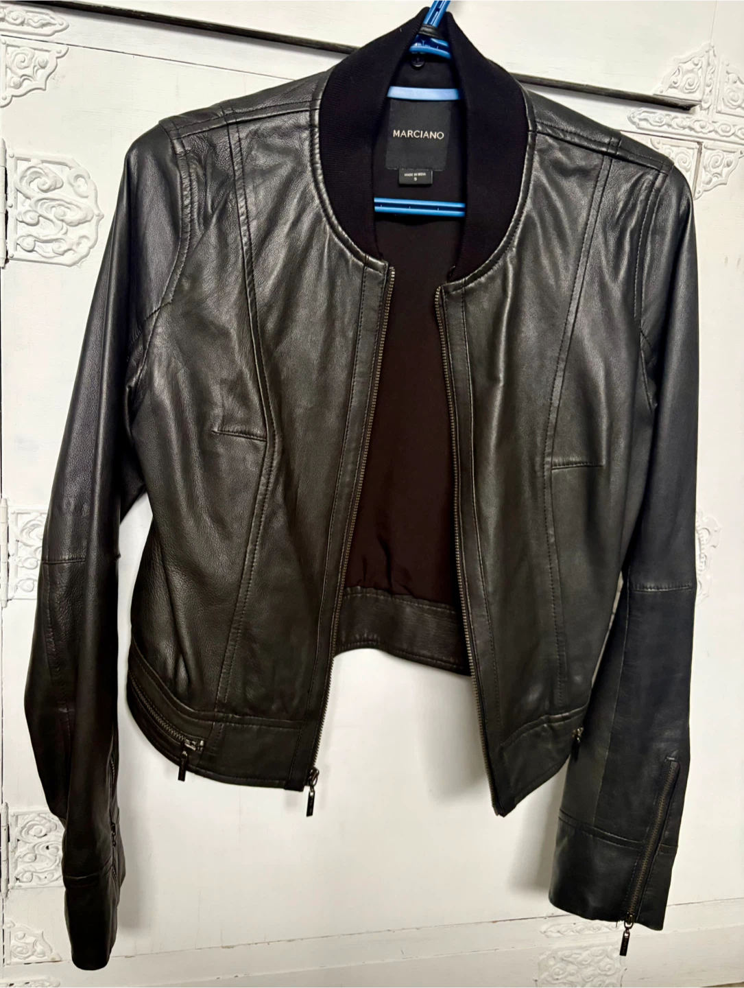 Marciano Black Leather Bomber Jacket Size S