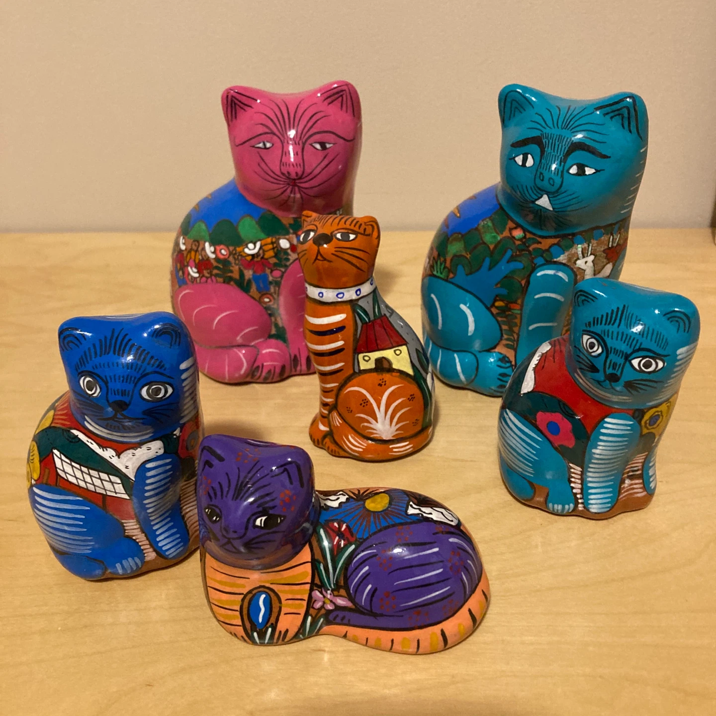 Collection of 6 Talavera Hand-Painted Ceramic Cat Figurines