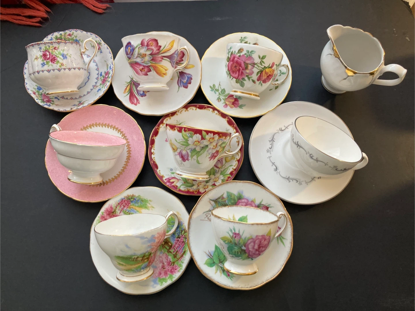 Set of 8 mVintage Porcelain Teacups and Saucers with Creamer