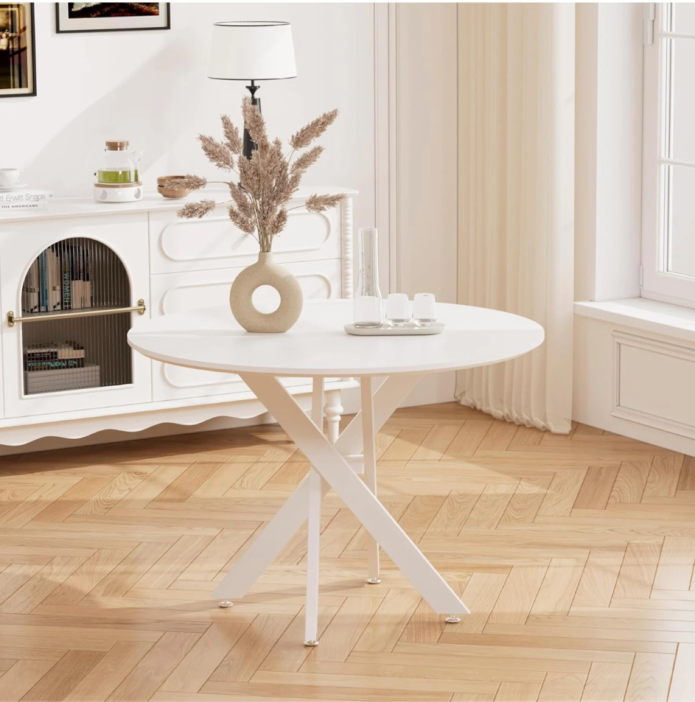 Round White Dining Table with X-Leg Base