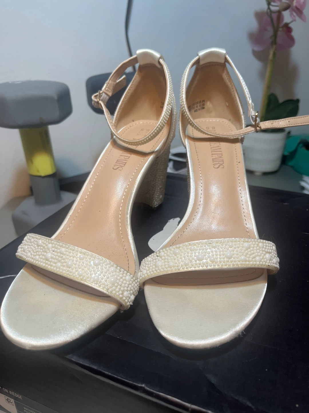 Exclusive Pairs Embellished Pearl Block Heels - White