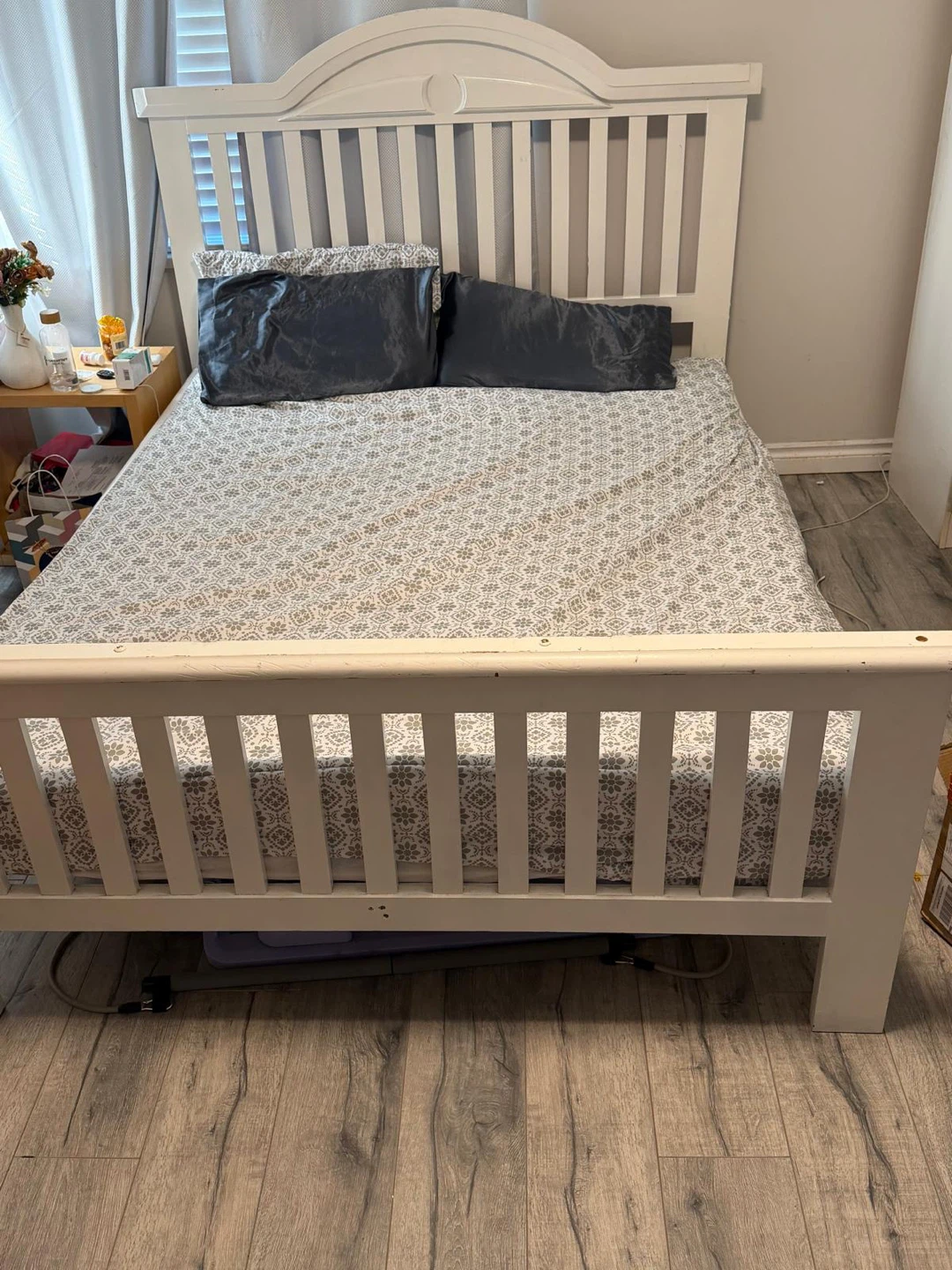White Wooden Bed Frame - Queen Size with mattress