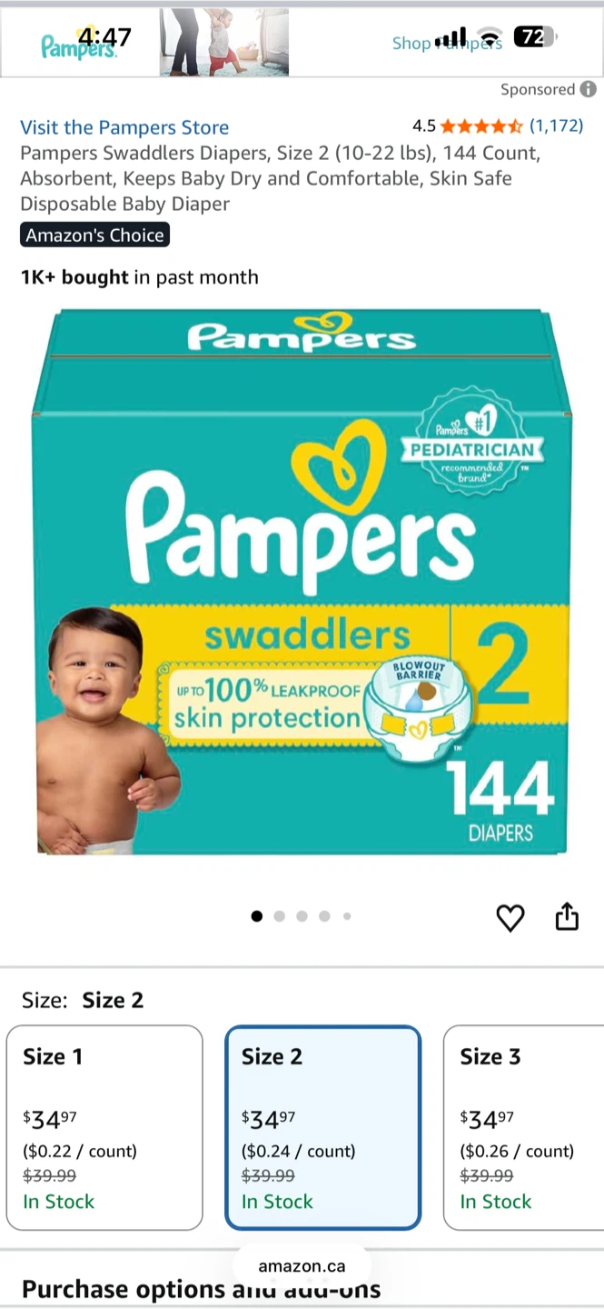 Pampers Swaddlers Diapers Size 2, 144 Count
