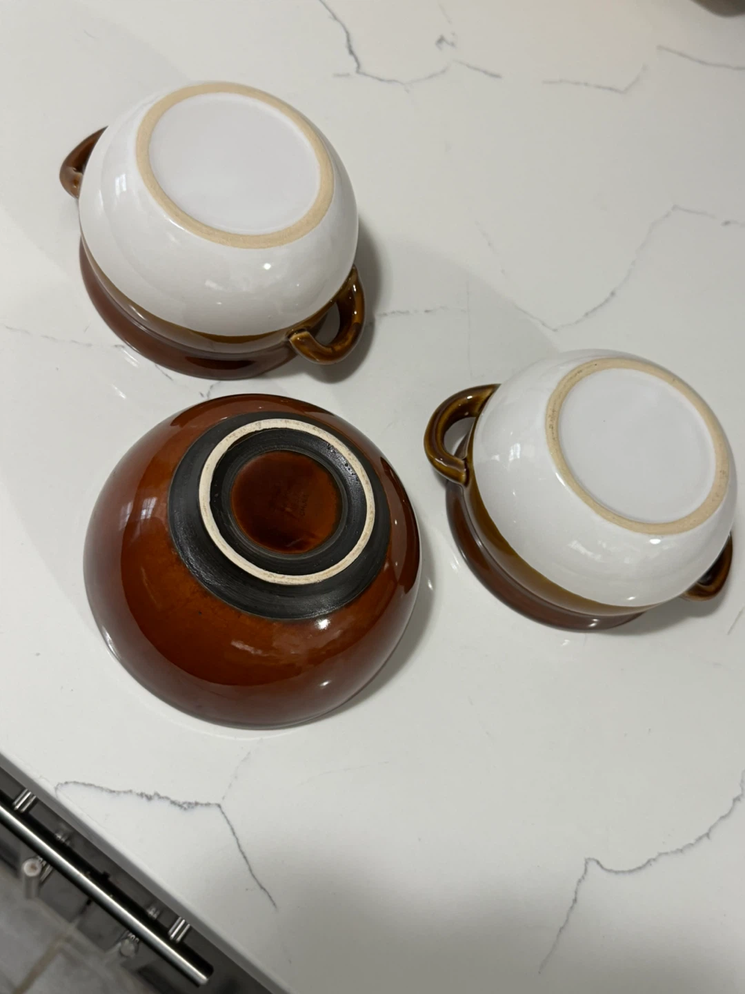 Set of 3 Brown and White Ceramic Soup Bowls with Handles - photo 5