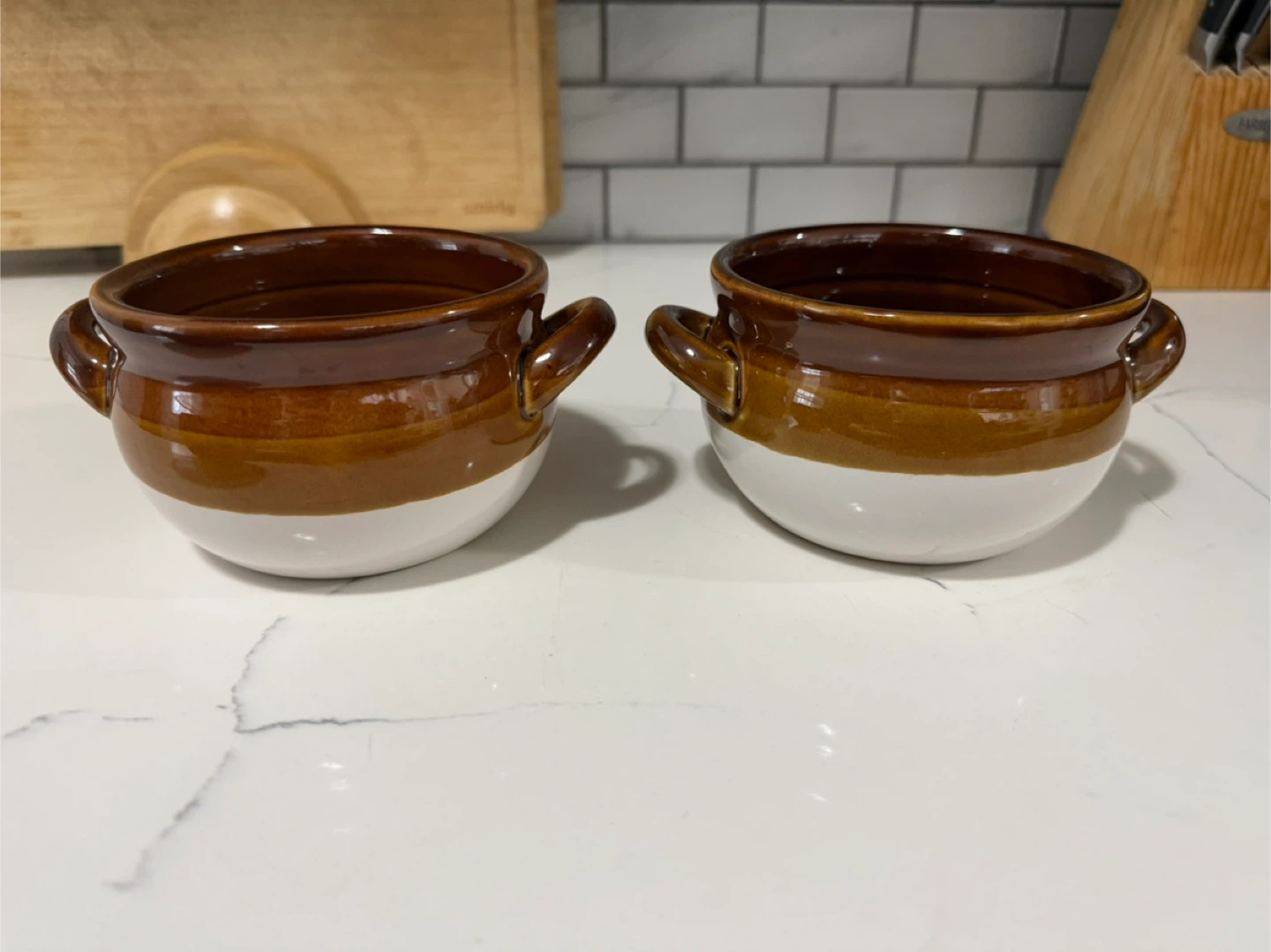 Set of 3 Brown and White Ceramic Soup Bowls with Handles - photo 4