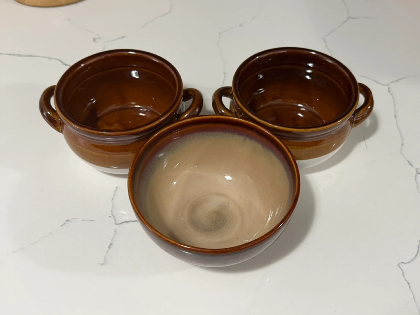 Set of 3 Brown and White Ceramic Soup Bowls with Handles - photo 2