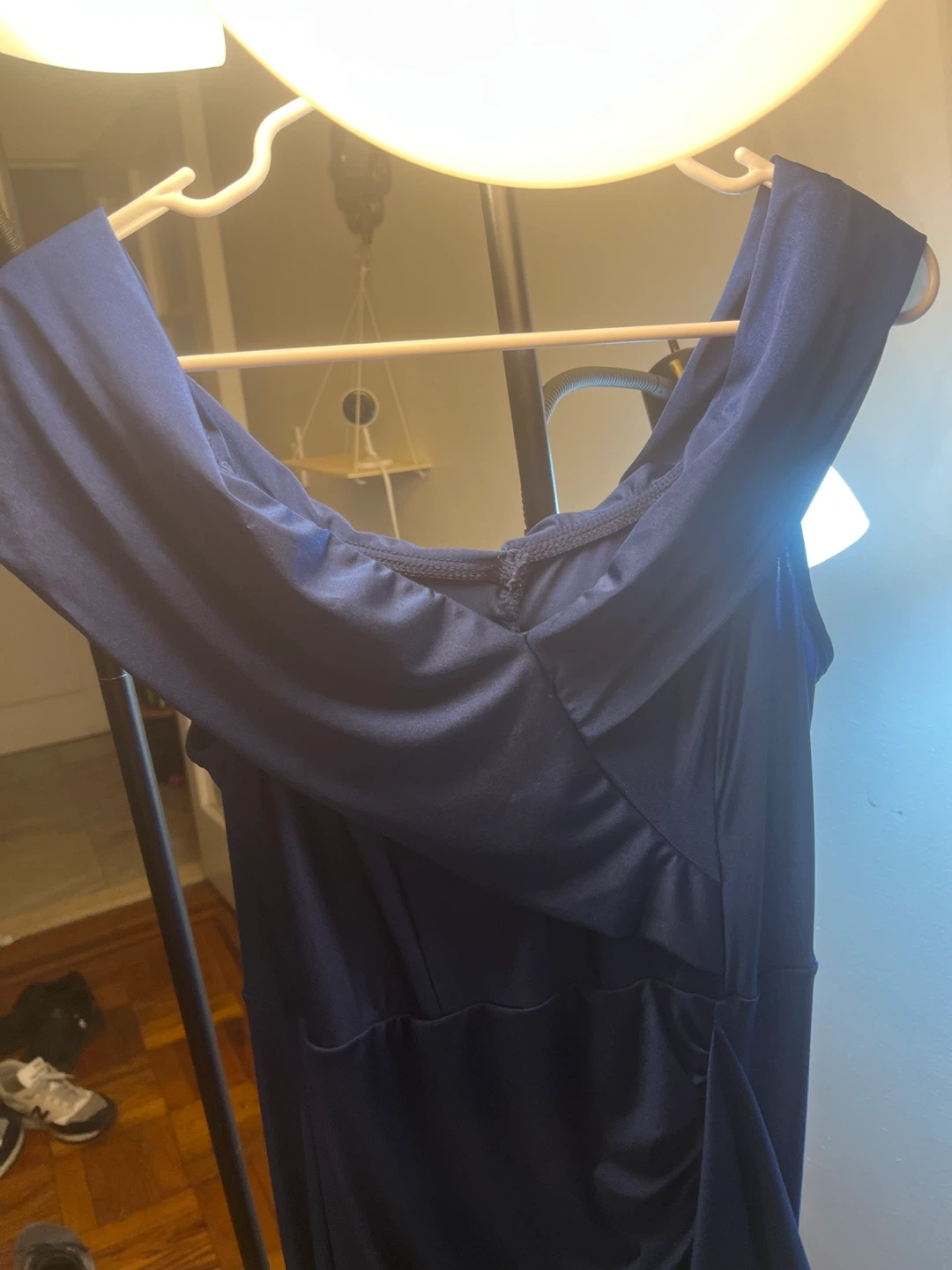 Navy Blue Off-the-Shoulder Ruched Gown with Slit - photo 3