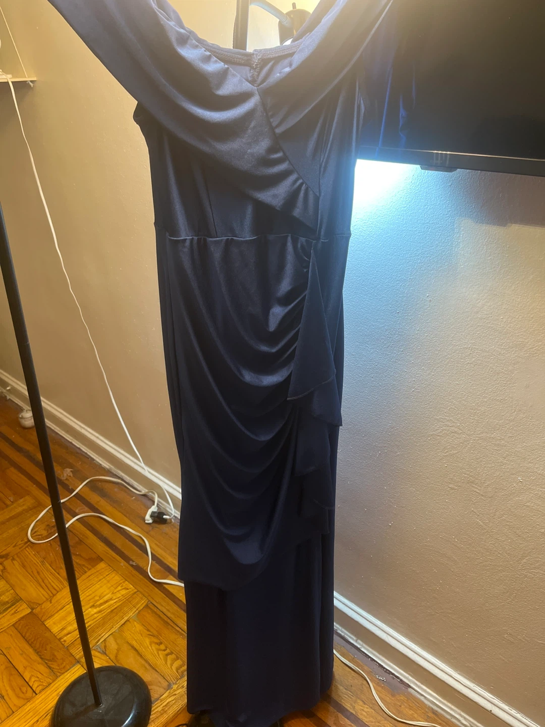 Navy Blue Off-the-Shoulder Ruched Gown with Slit