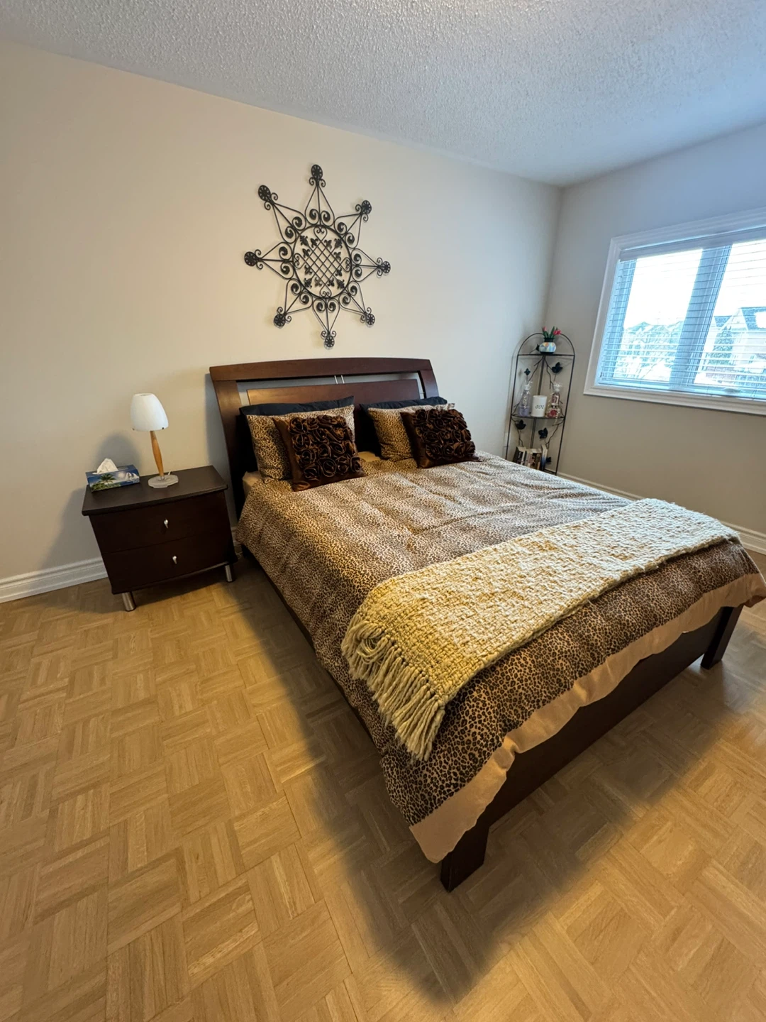 Dark Wood Bedroom Set - Bed Frame, Nightstand & Armoire