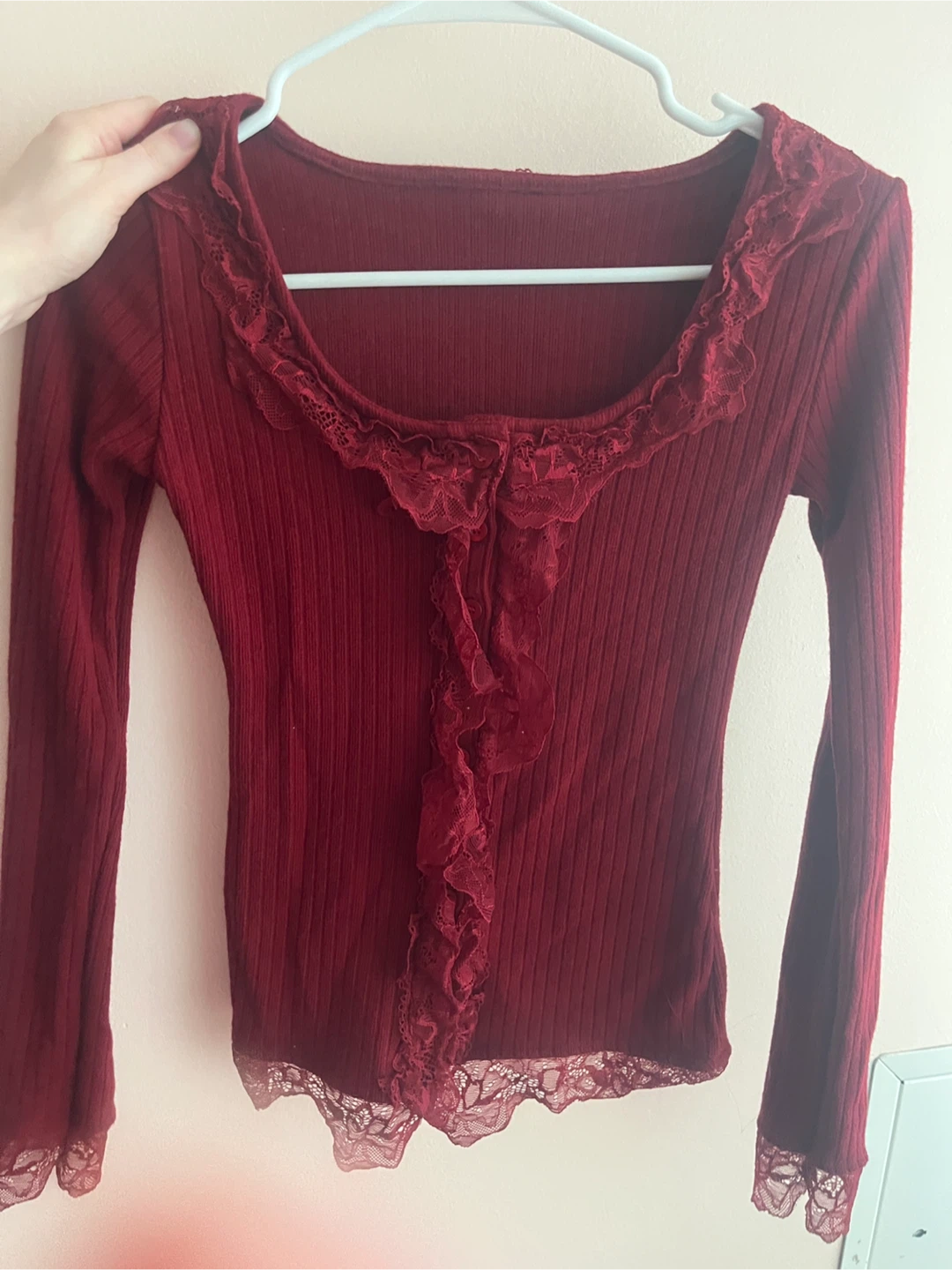 Red button up lace blouse/top