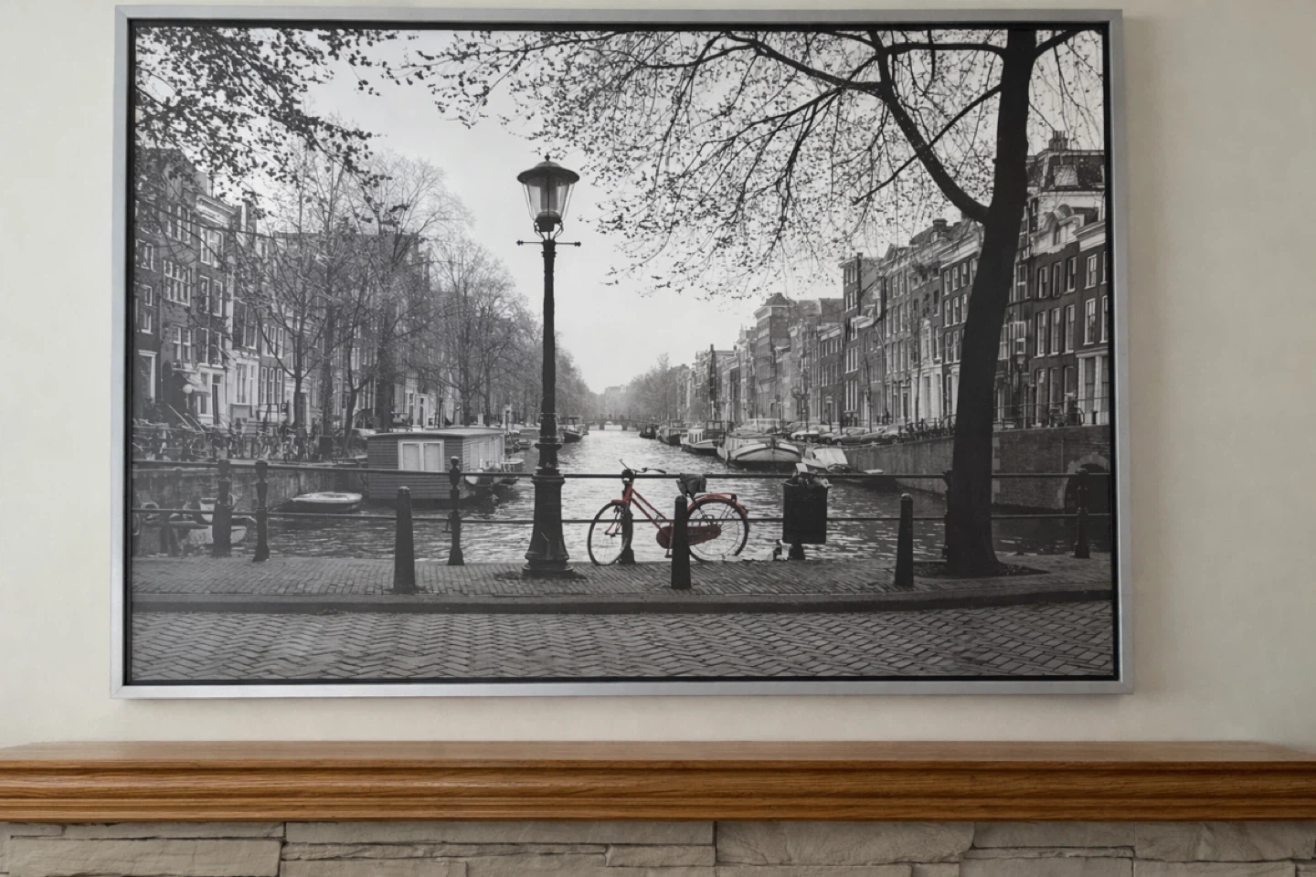 Framed Black and White Print of Amsterdam Canal Scene