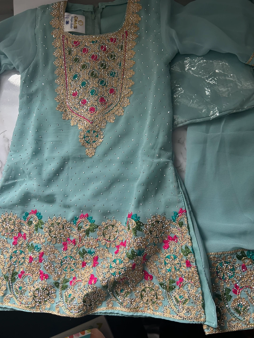 Kids' Teal Embroidered Shalwar Kameez with Dupatta - photo 3