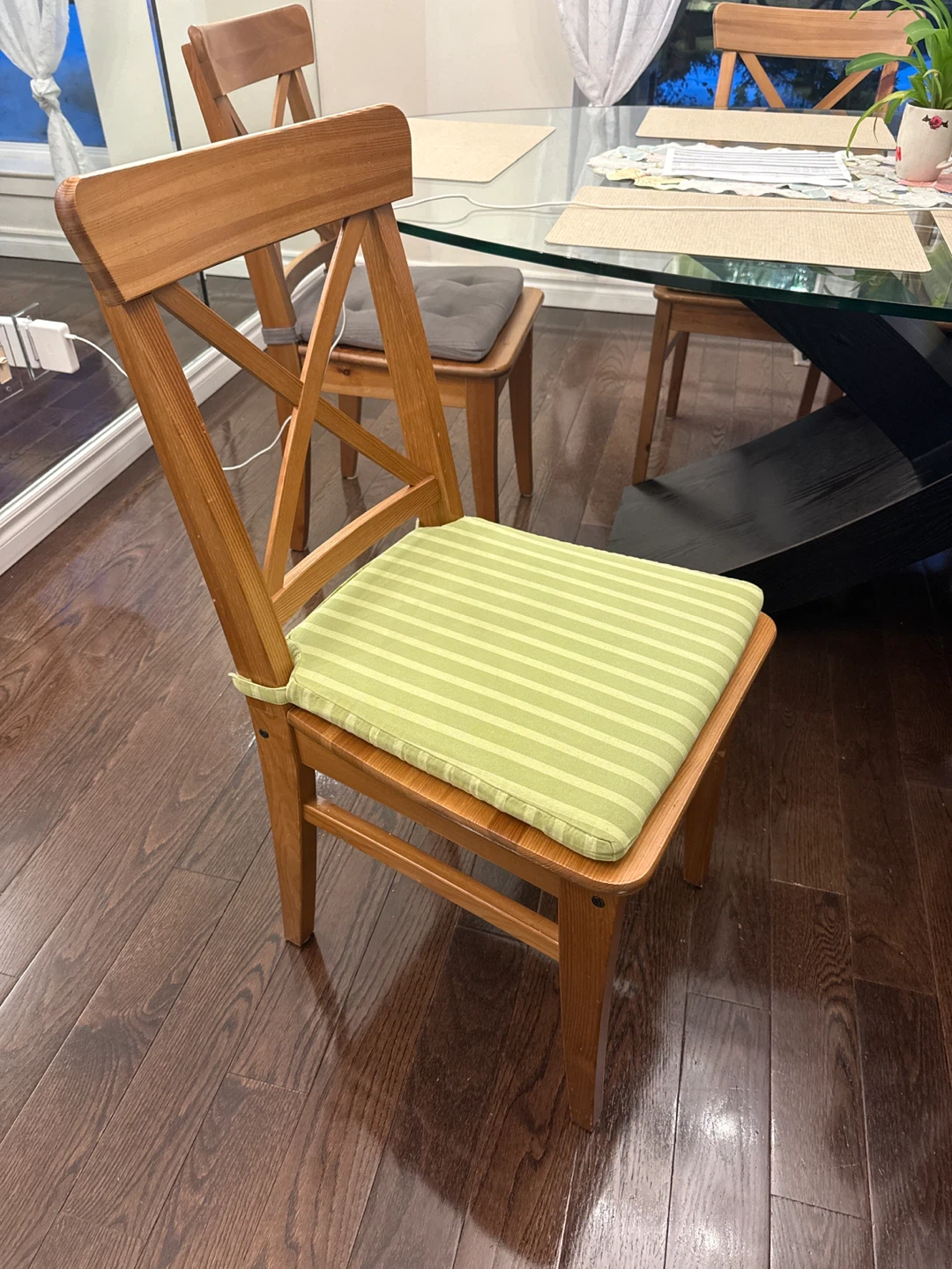Wooden Dining Chair with Green Striped Cushion