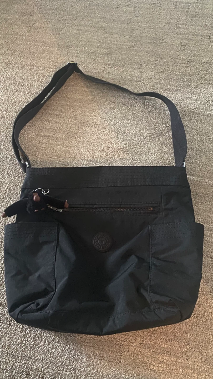 Kipling Black Nylon Shoulder Bag with Monkey Keychain