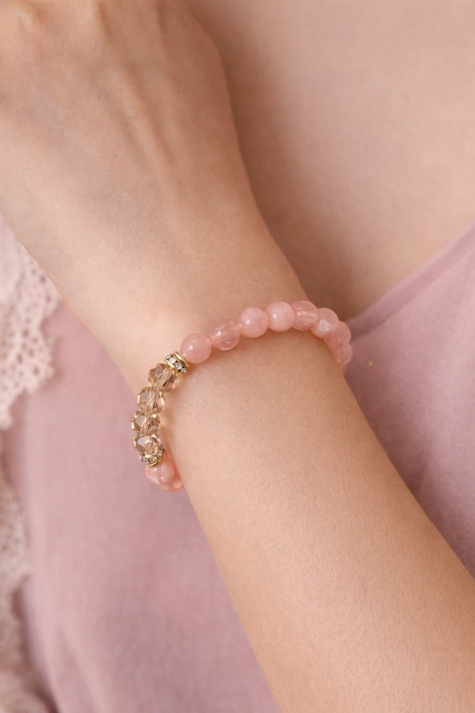 Pink Stone Beaded Bracelet with Gold Accents - photo 2