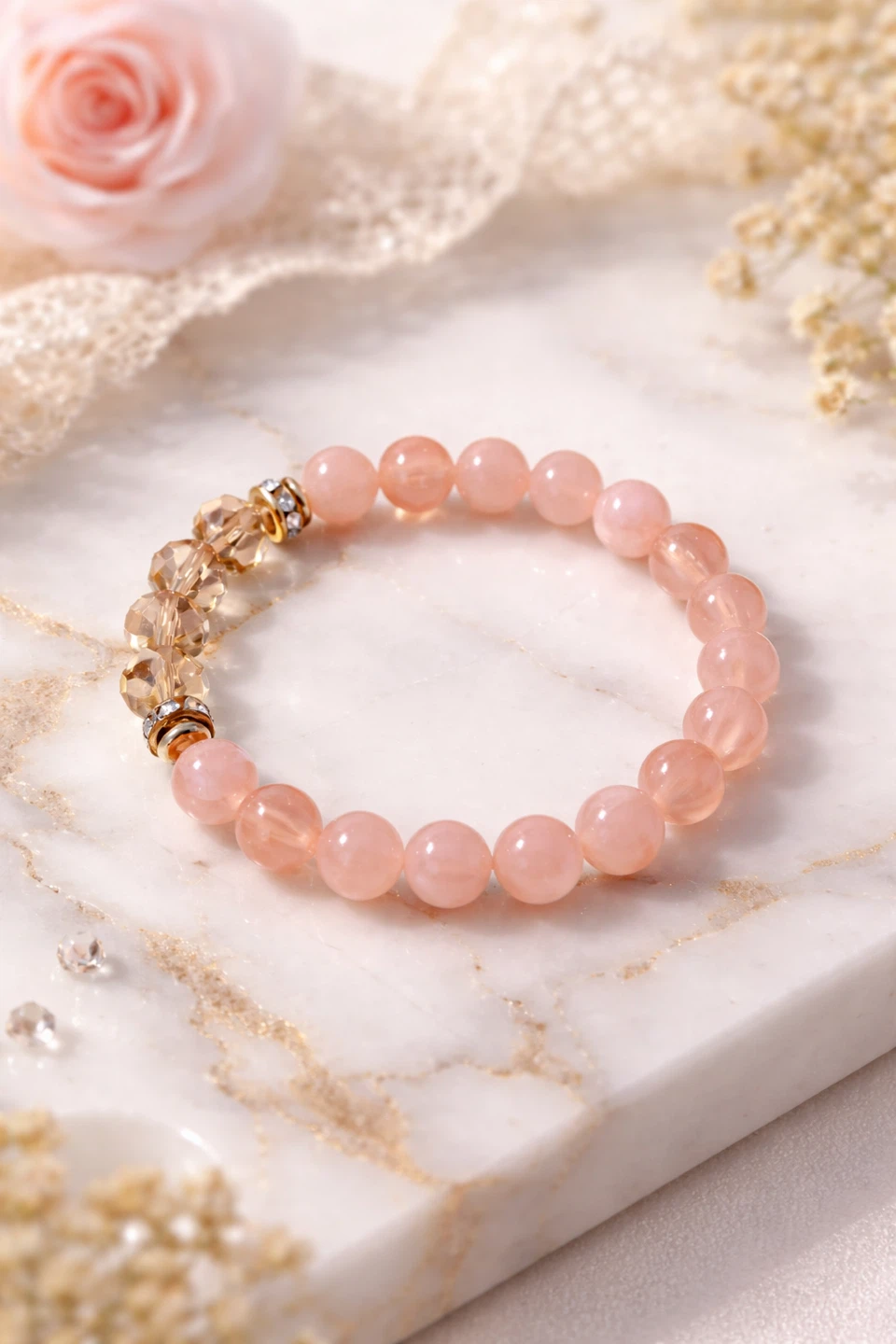 Pink Stone Beaded Bracelet with Gold Accents