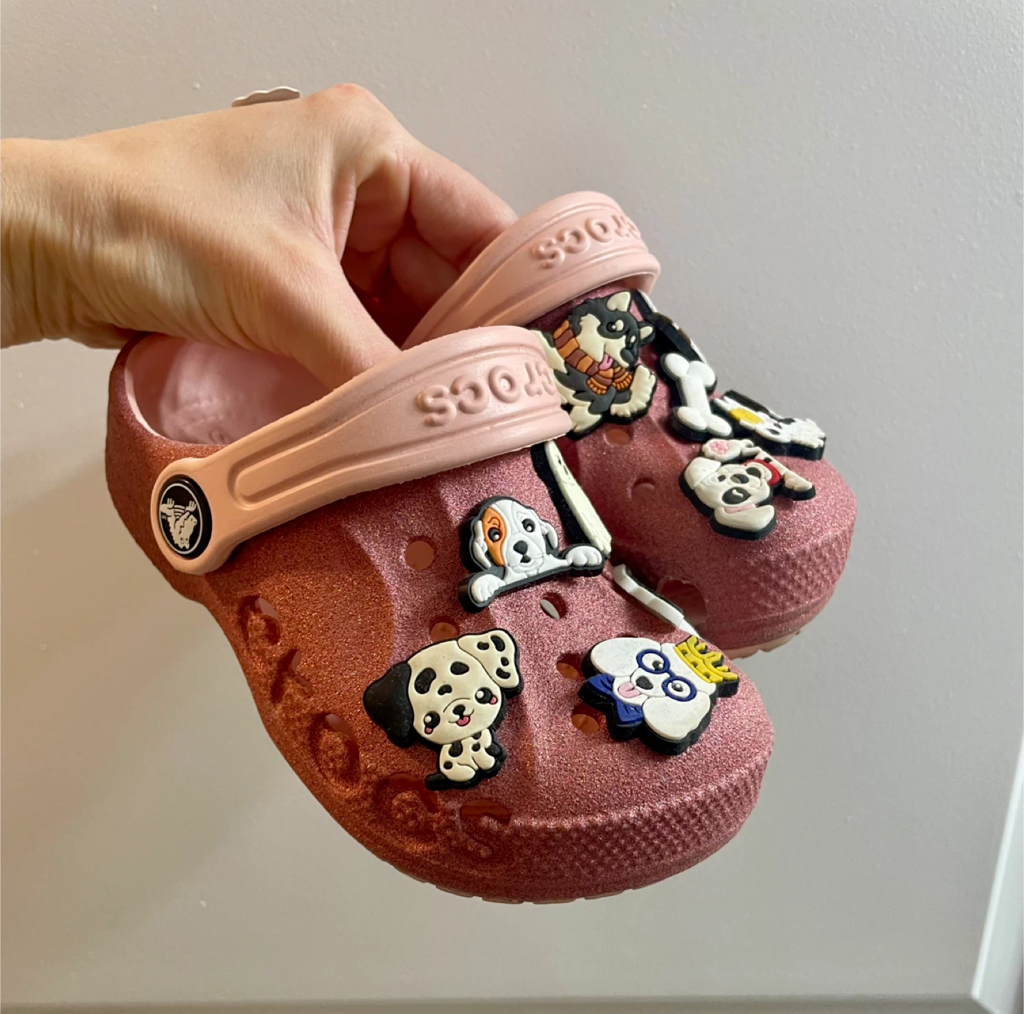 Pink Glitter Crocs with Dog Charms - Size C9