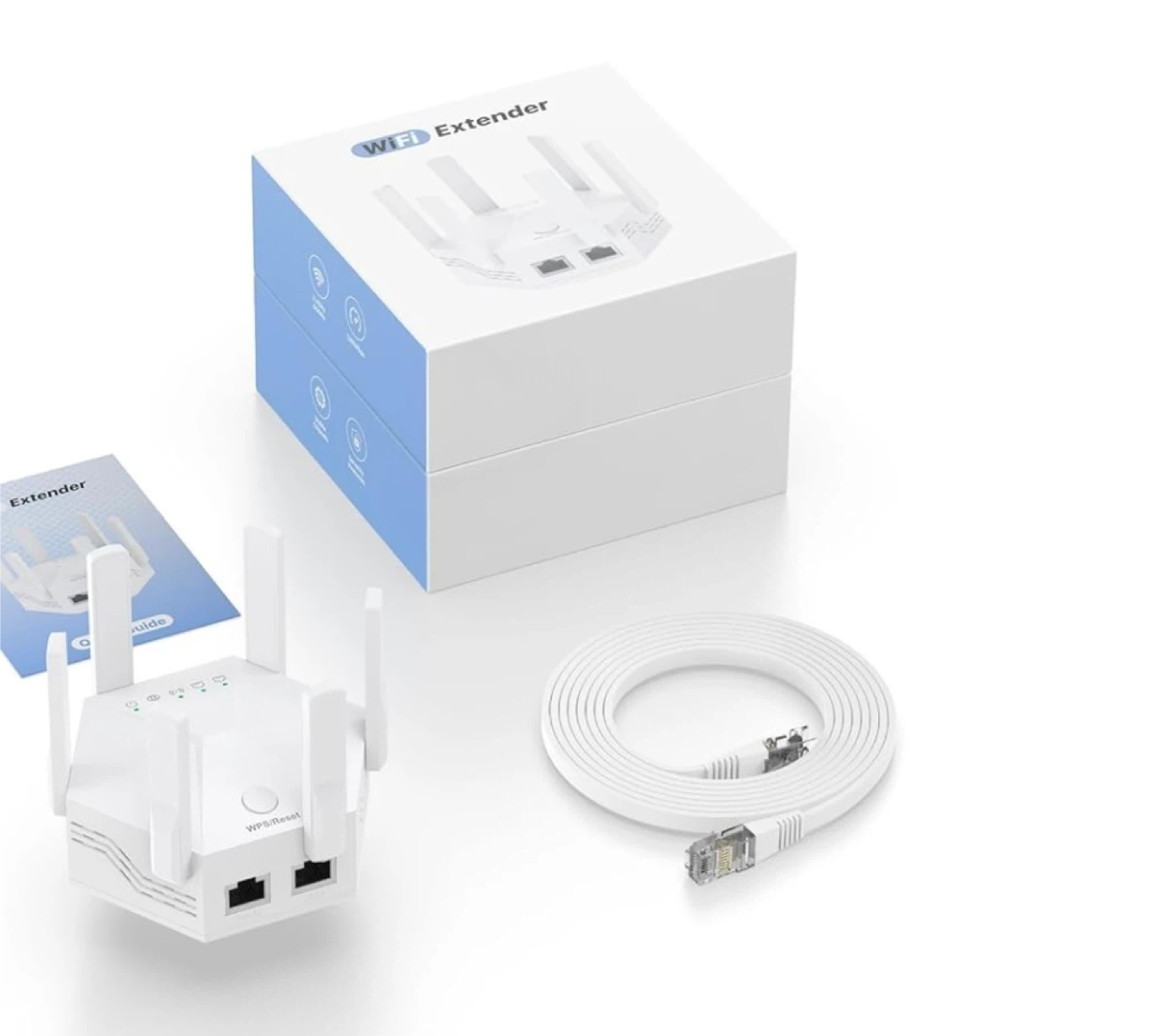 White WiFi Extender with Antennas and Ethernet Cable