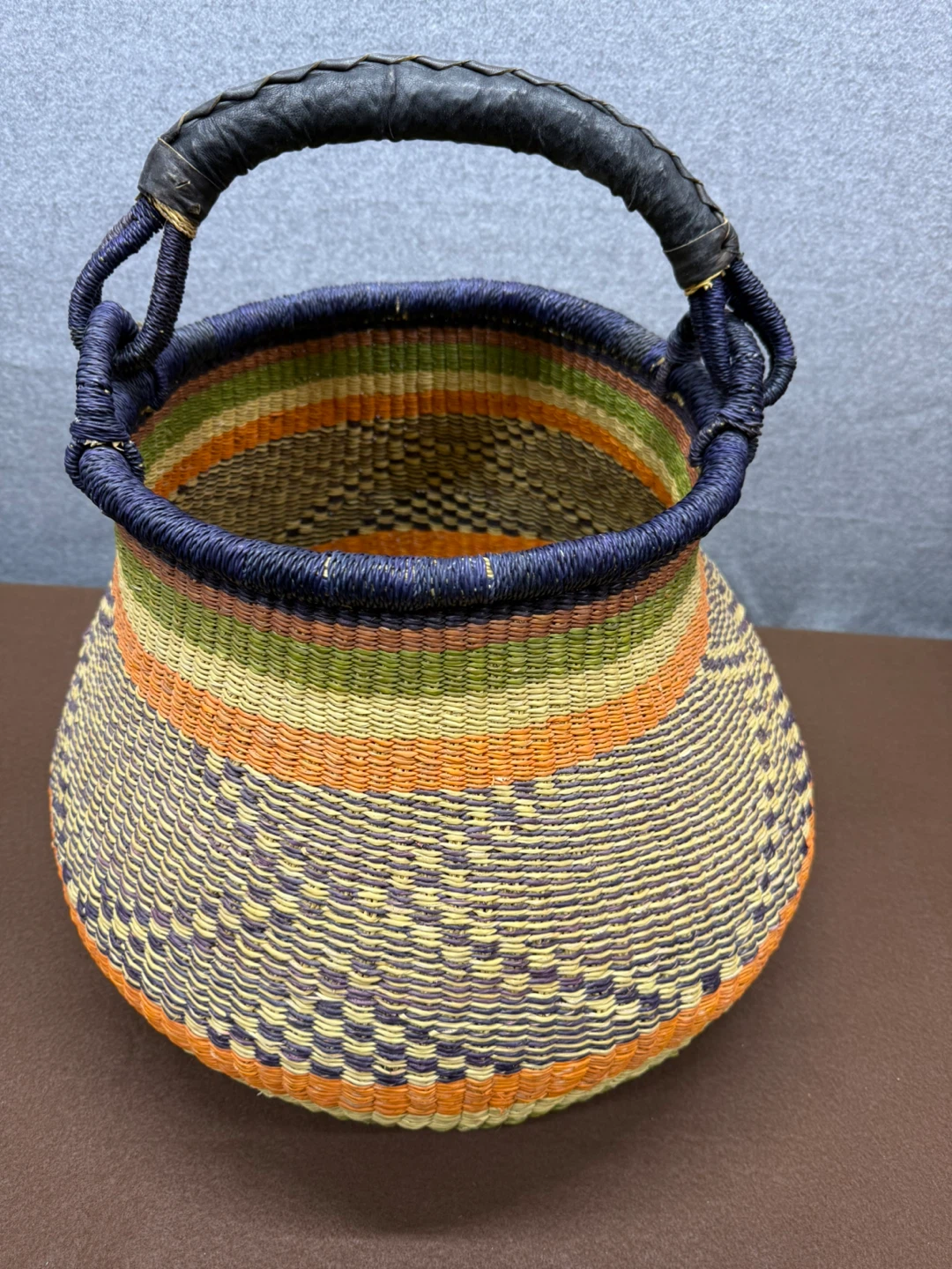 Handwoven Woven Basket with Leather Handle