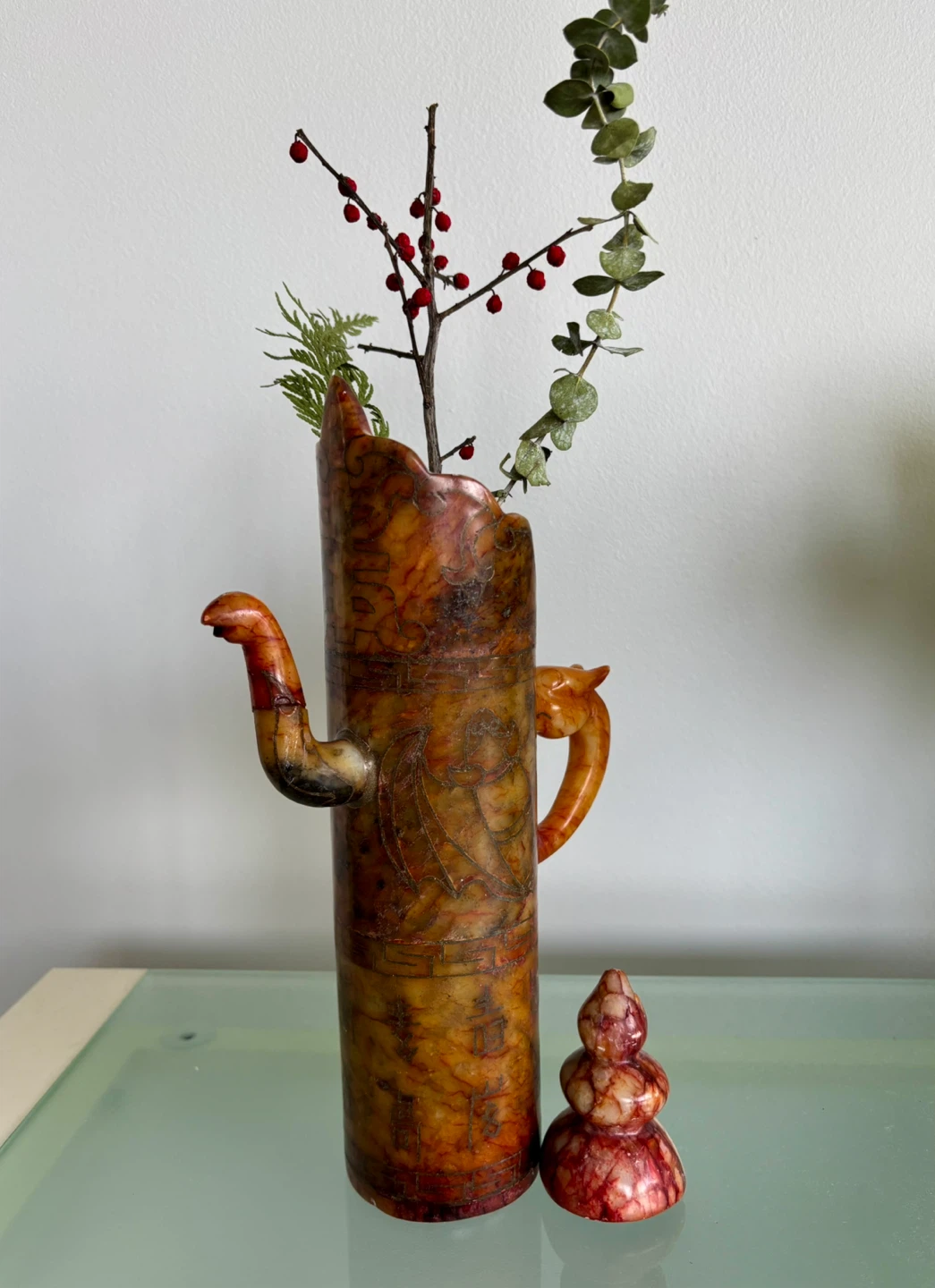 🧡 Carved Jade Pitcher with Dragon Handle - photo 4