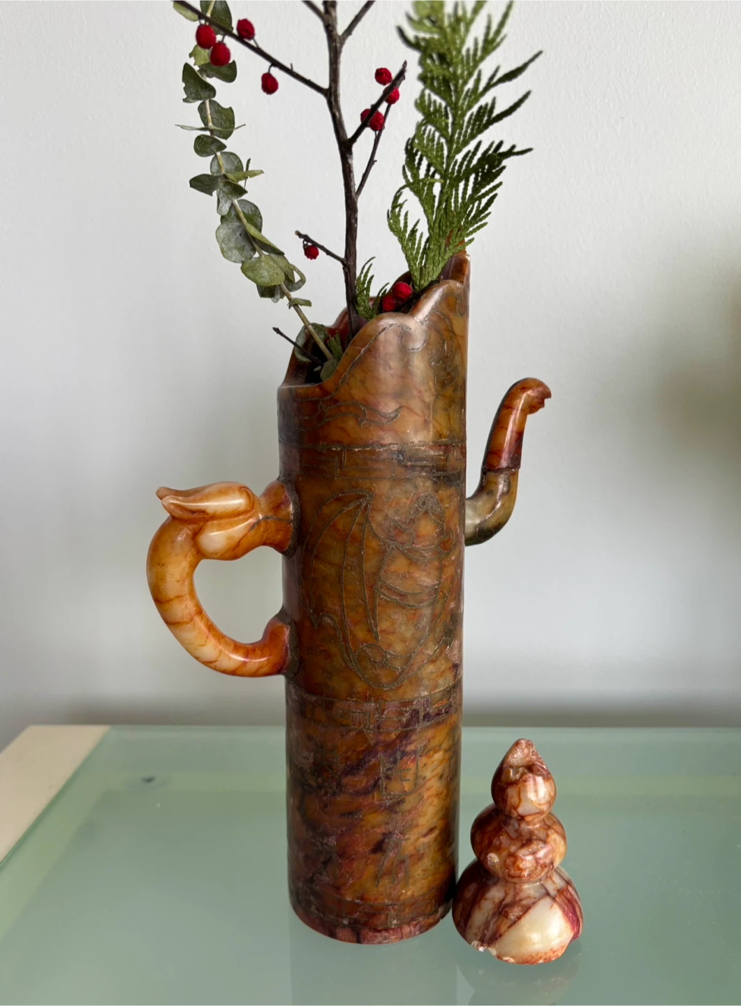 🧡 Carved Jade Pitcher with Dragon Handle - photo 5