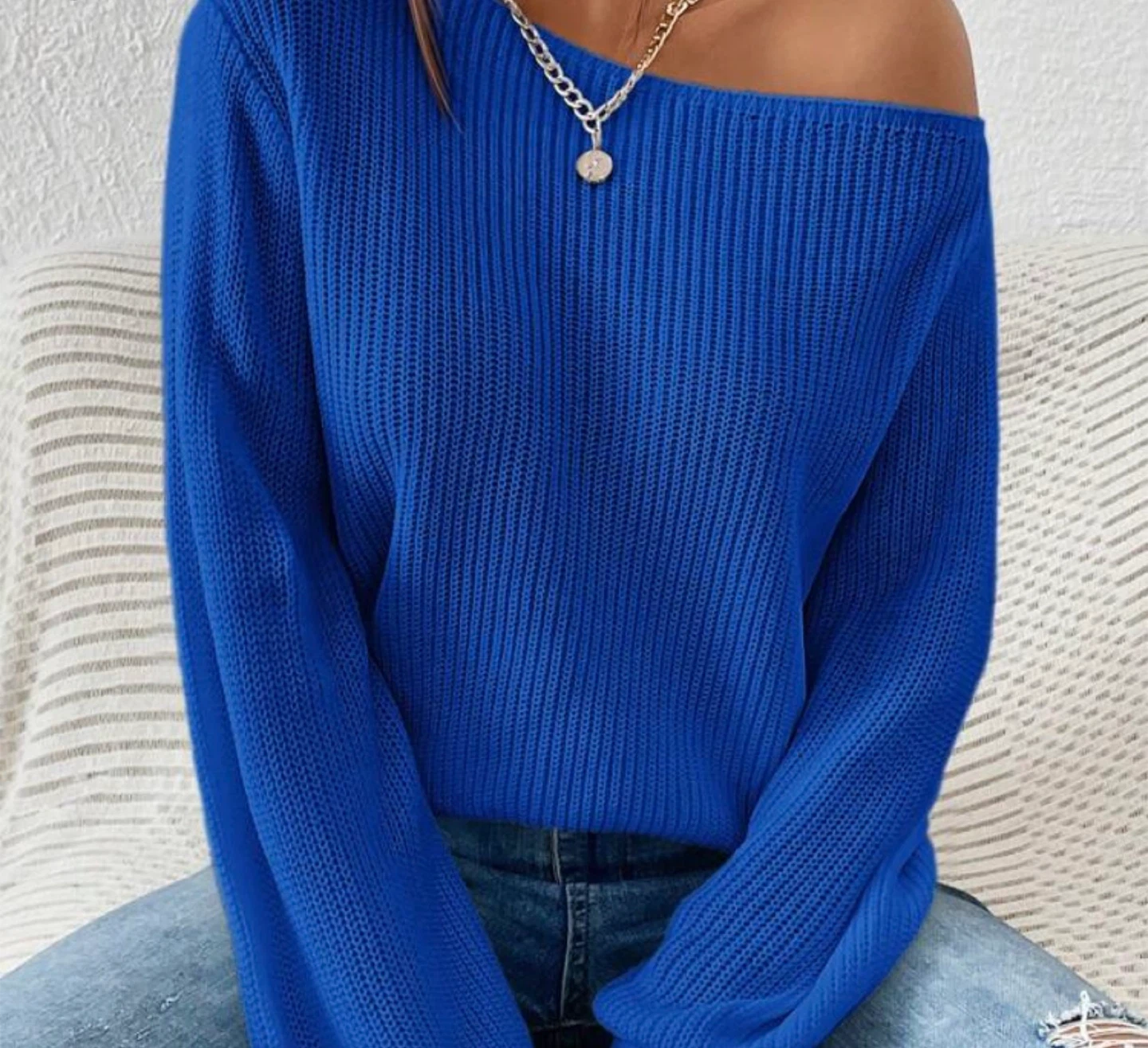 Blue Off-the-Shoulder Knit Sweater