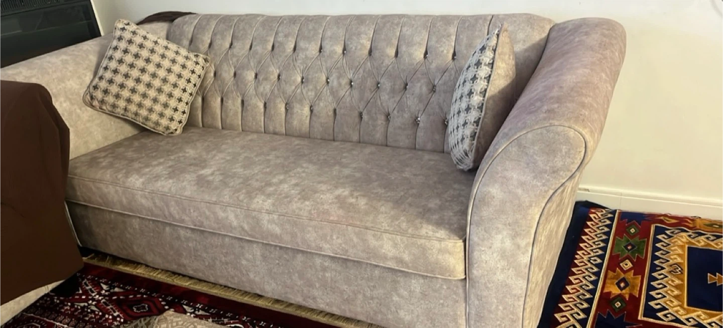 Beige Tufted Sofa with Crystal Accents