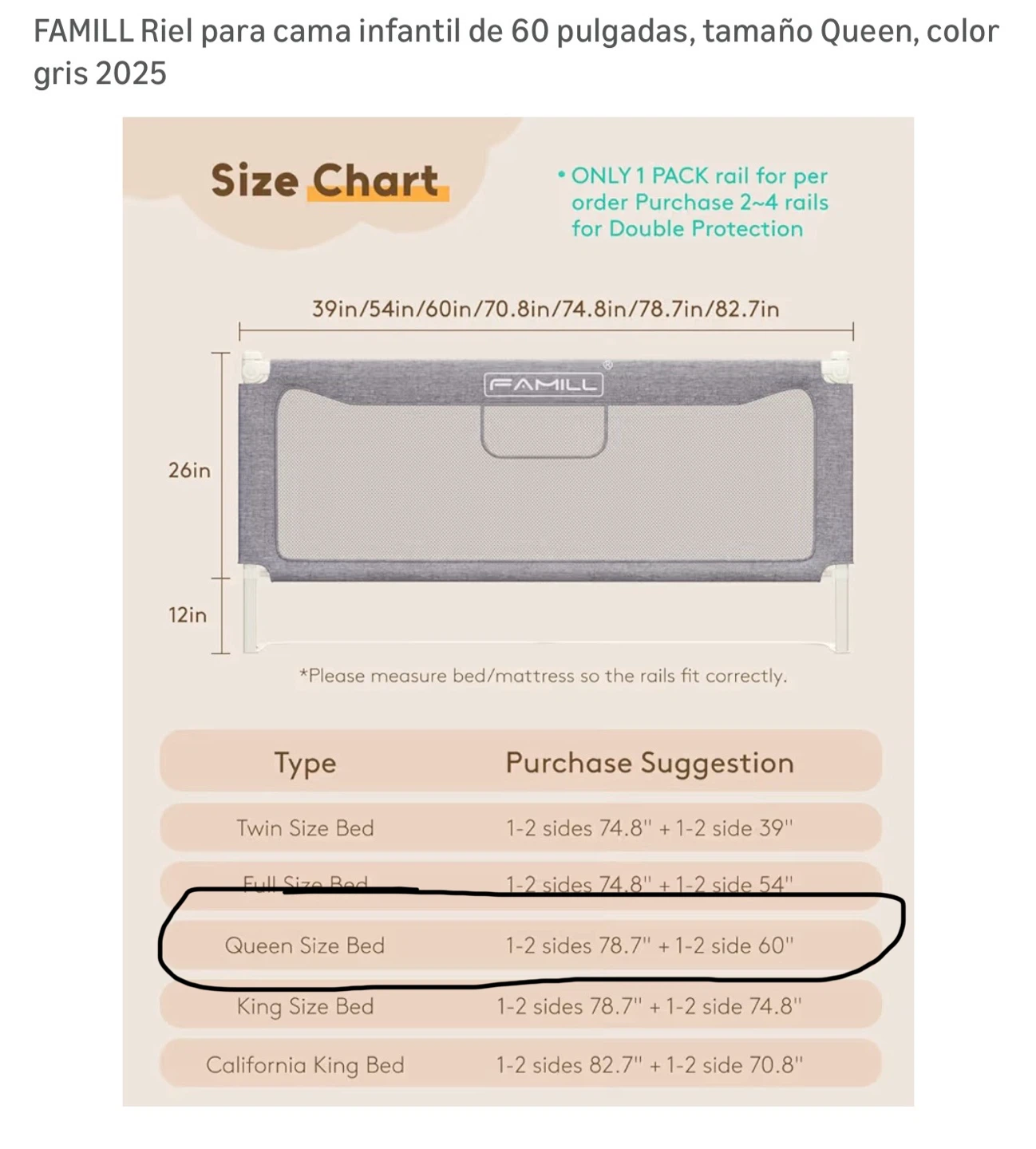 FAMILL Queen Size 60 inch Baby Bed Rail - photo 3