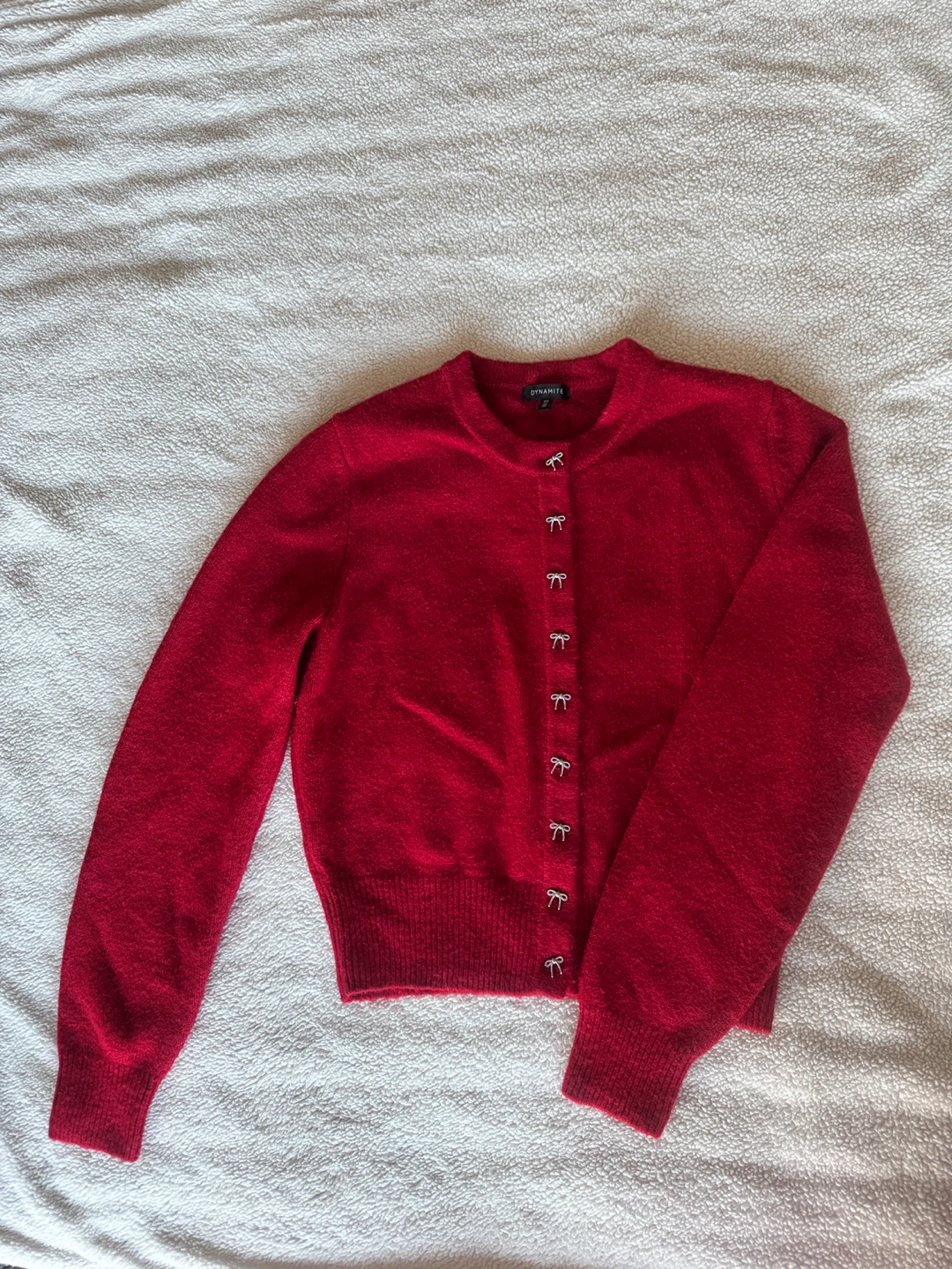 DYNAMITE Red Bow Button Cardigan