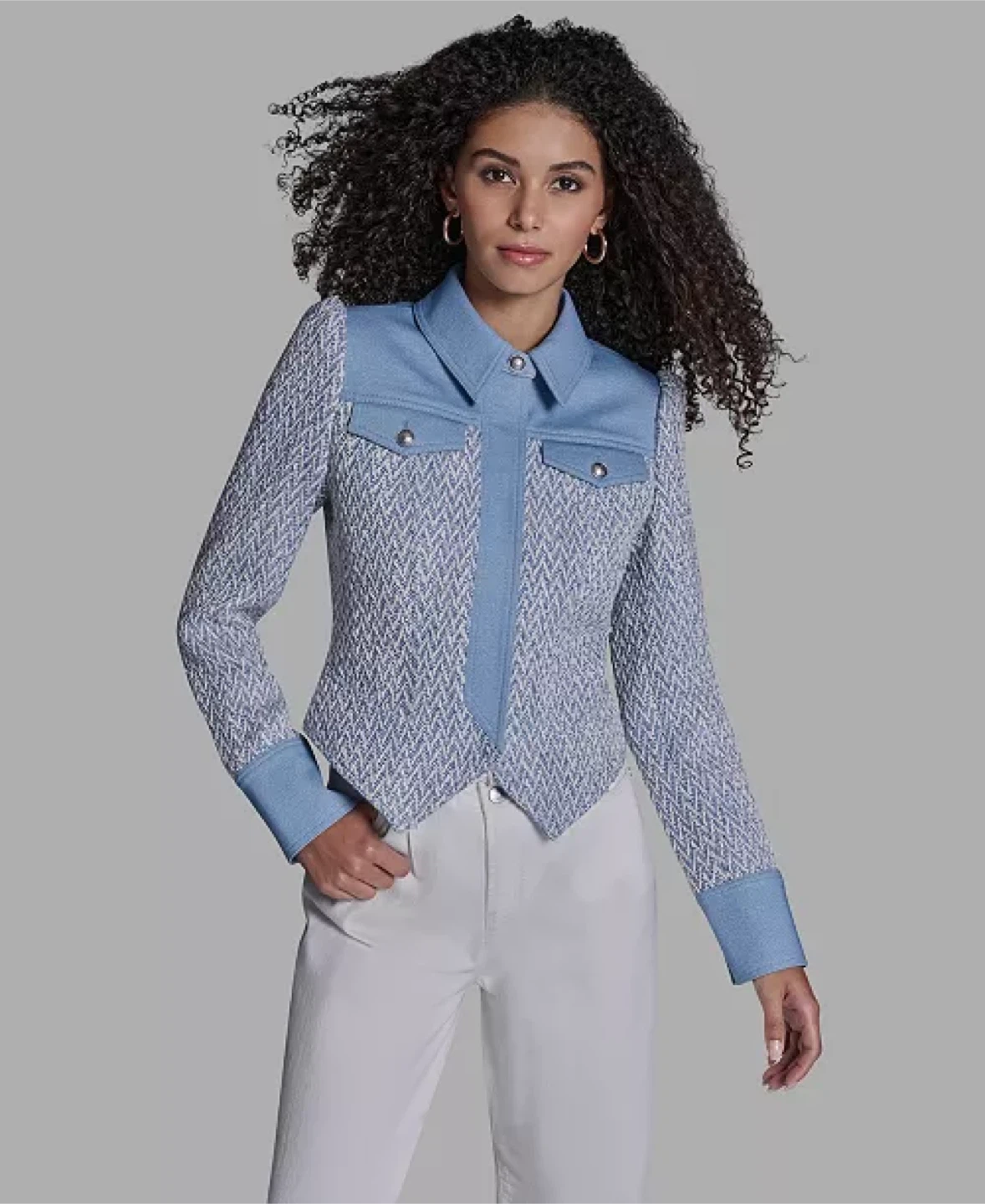 BCBG Women's Chambray Collared Long-Sleeve Jacket