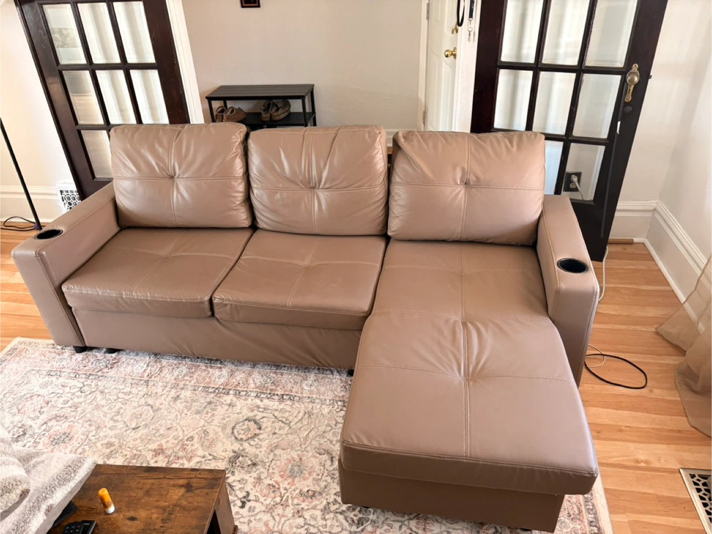 Tan Faux Leather Sectional Sofa Cup Holders - photo 4